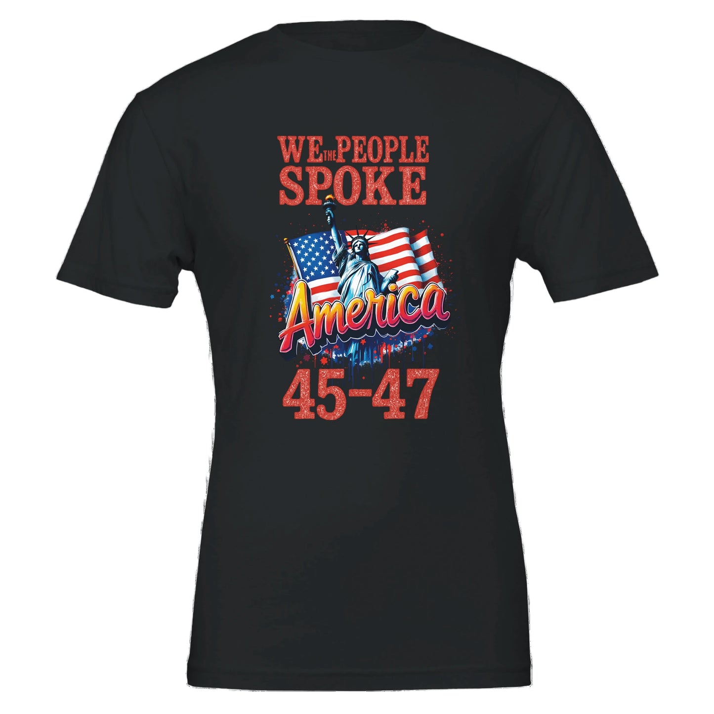 BLACK T-SHIRT WITH STATUE OF LIBERTY AMERICAN FLAG AND 45-47