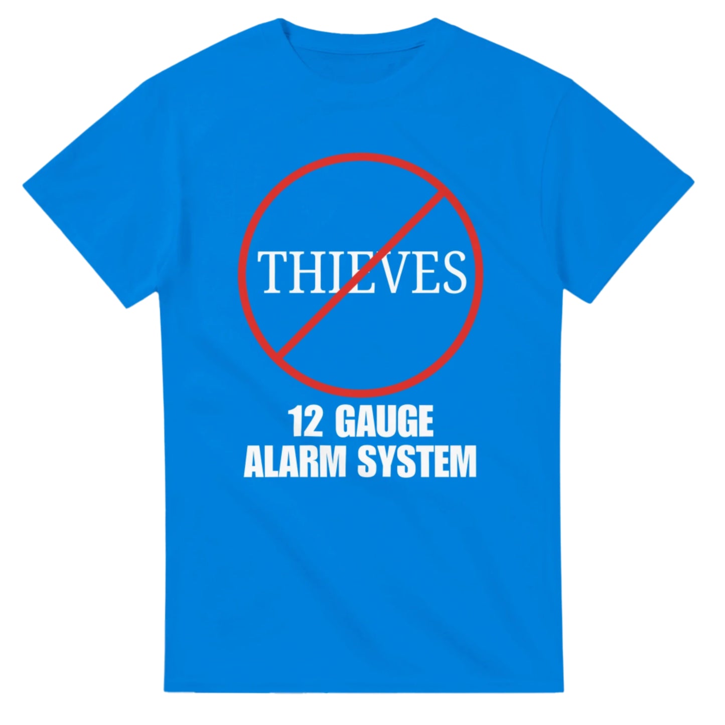Blue t-shirt with 12-Guage alarm system