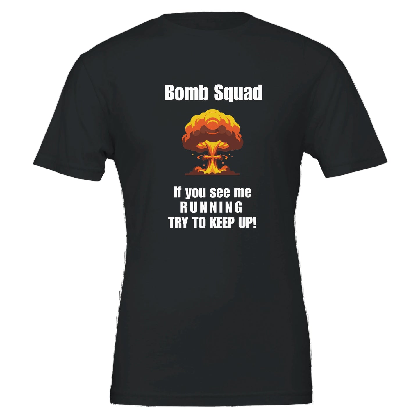Black t-shirt with a graphic of an atomic bomb and text on a black background