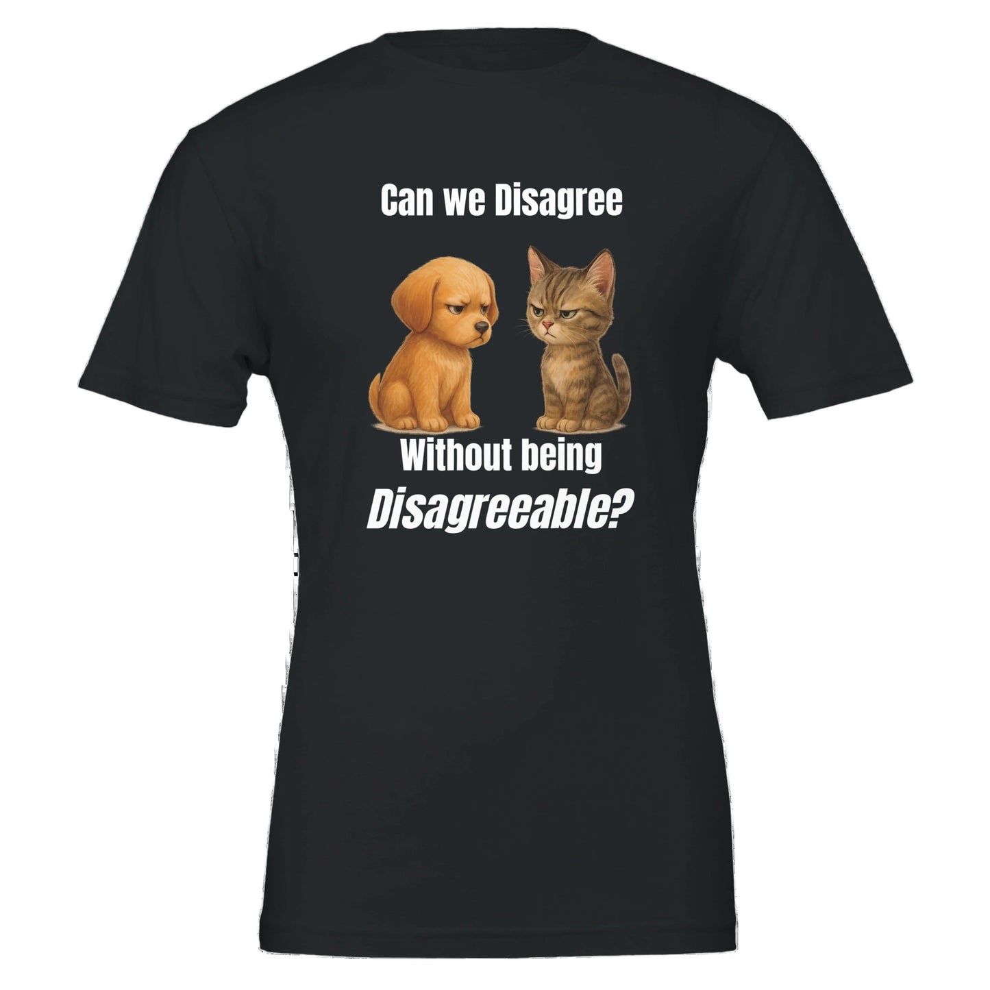Black t-shirt with a dog and cat graphic and text on a white background