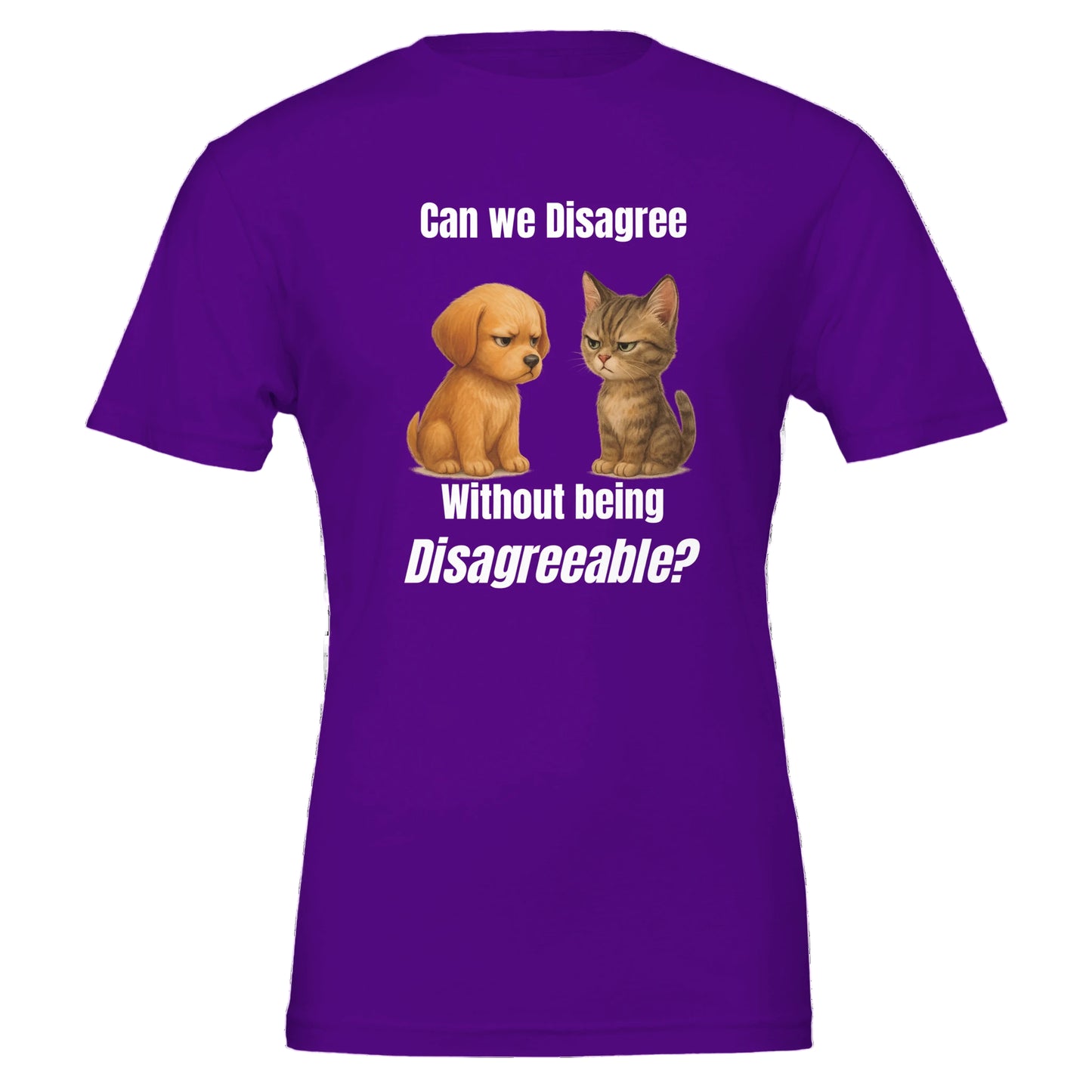 Purple t-shirt with a dog and cat graphic and text on a white background