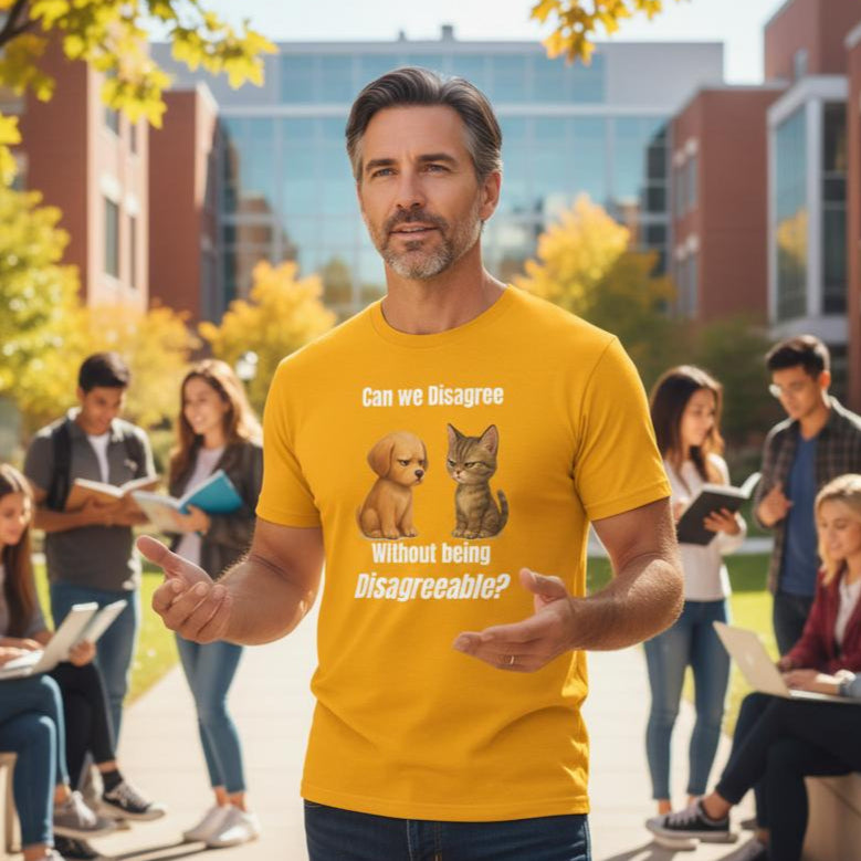 Man wearing a gold t-shirt with a puppy and kitty and text