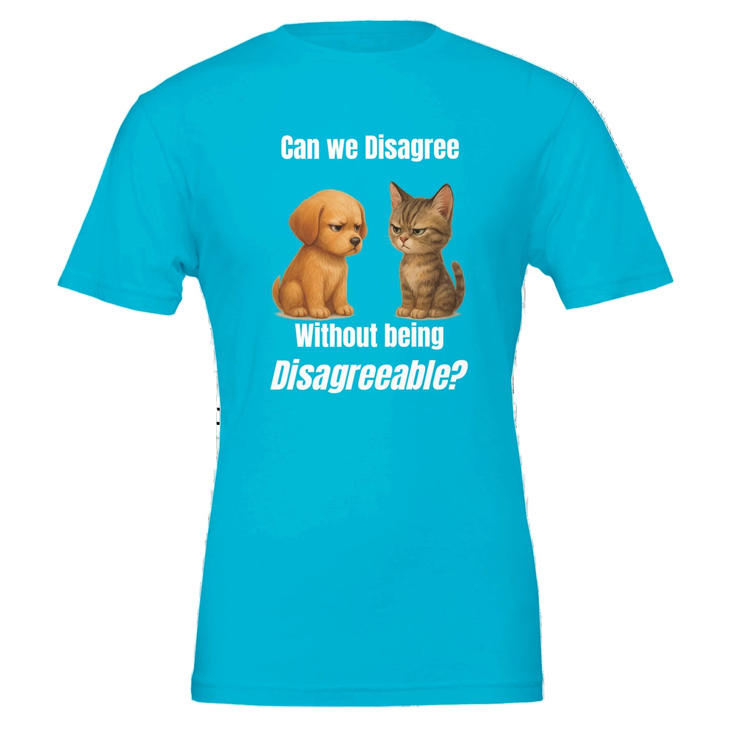 Blue t-shirt with a dog and cat graphic and text on a white background