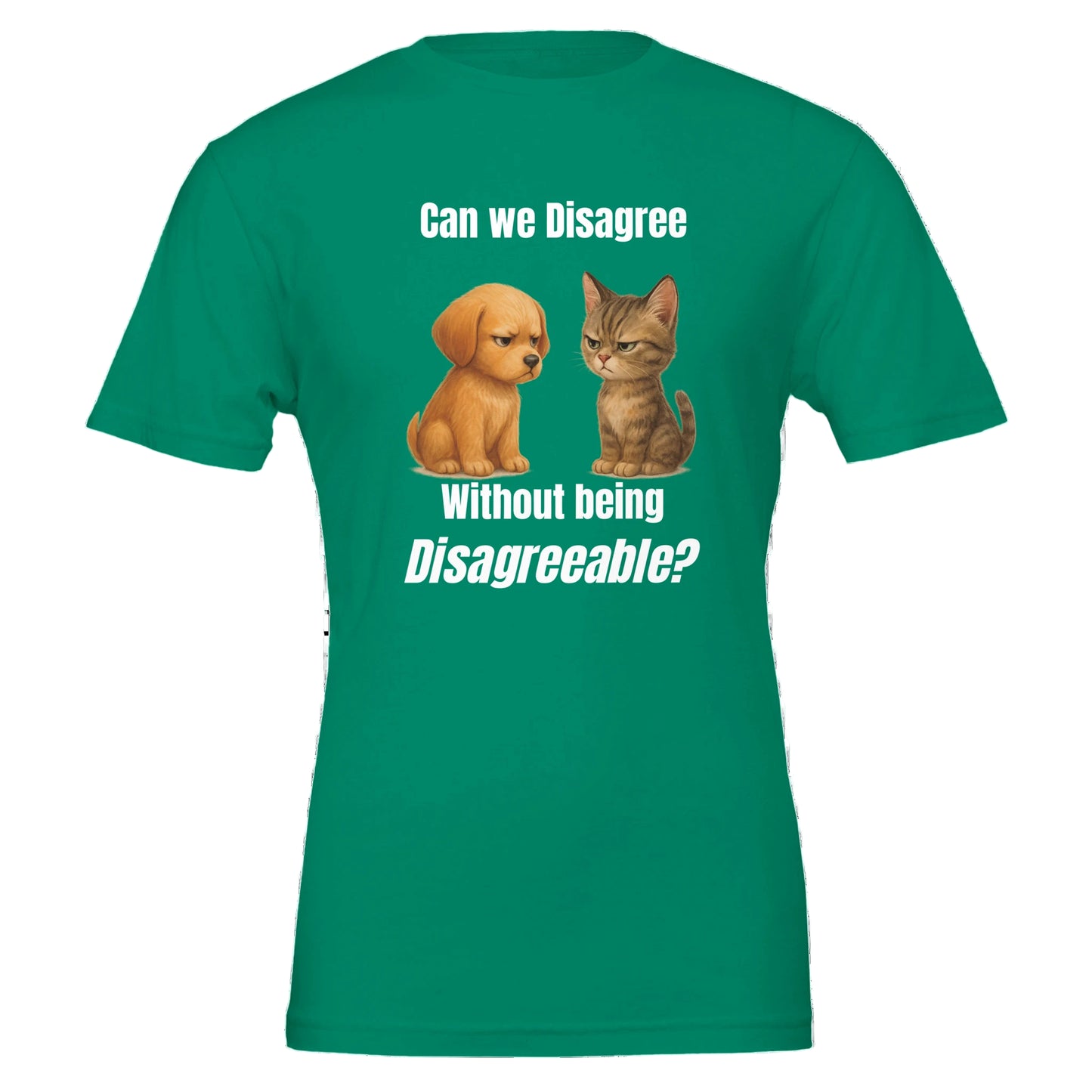 Green t-shirt with a dog and cat graphic and text on a white background