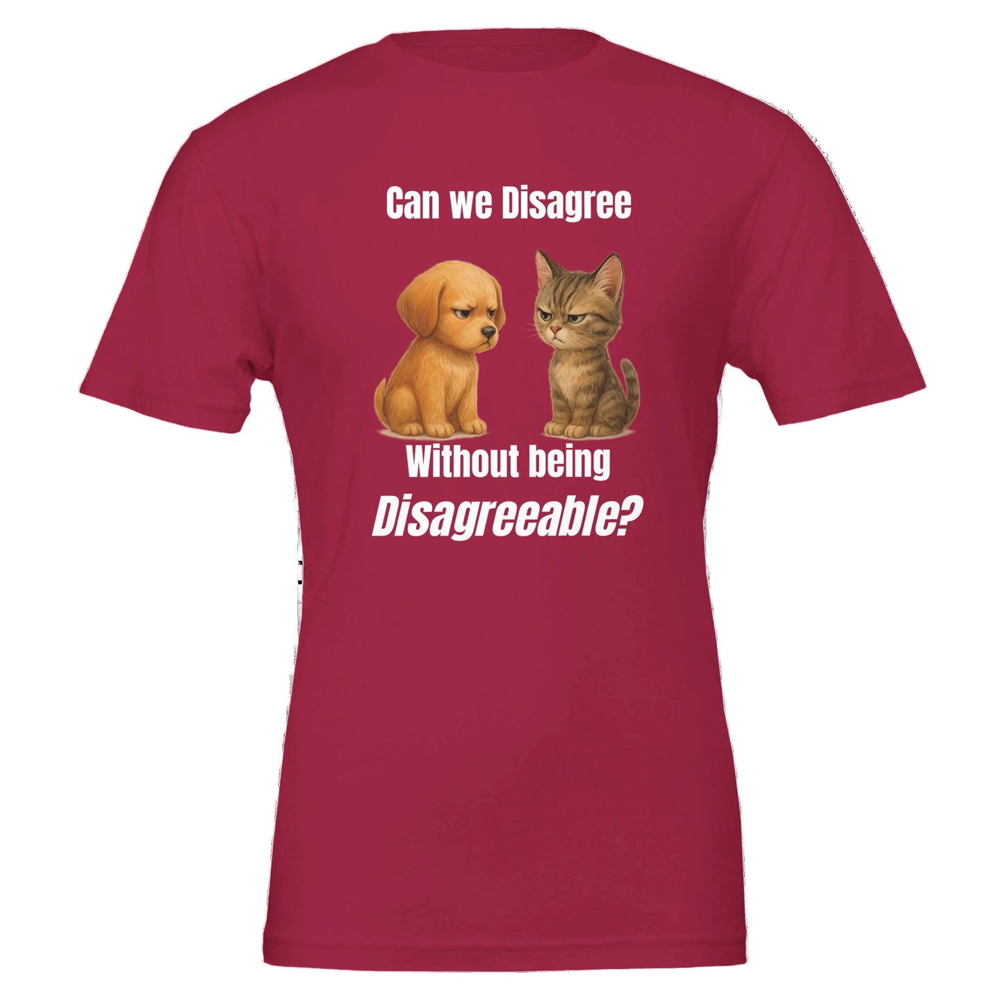 Red t-shirt with a dog and cat graphic and text on a white background