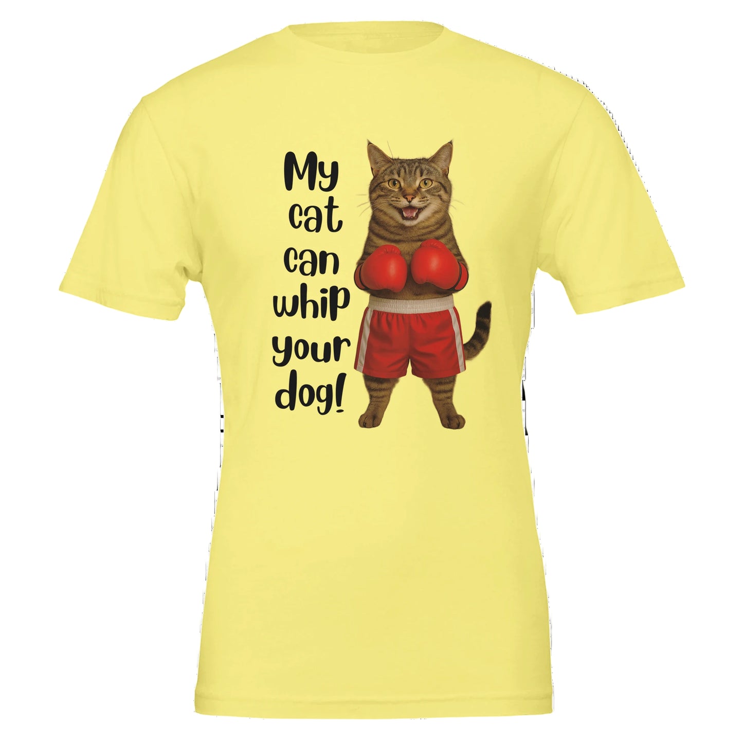Yellow t-shirt with cat wearing boxing gloves
