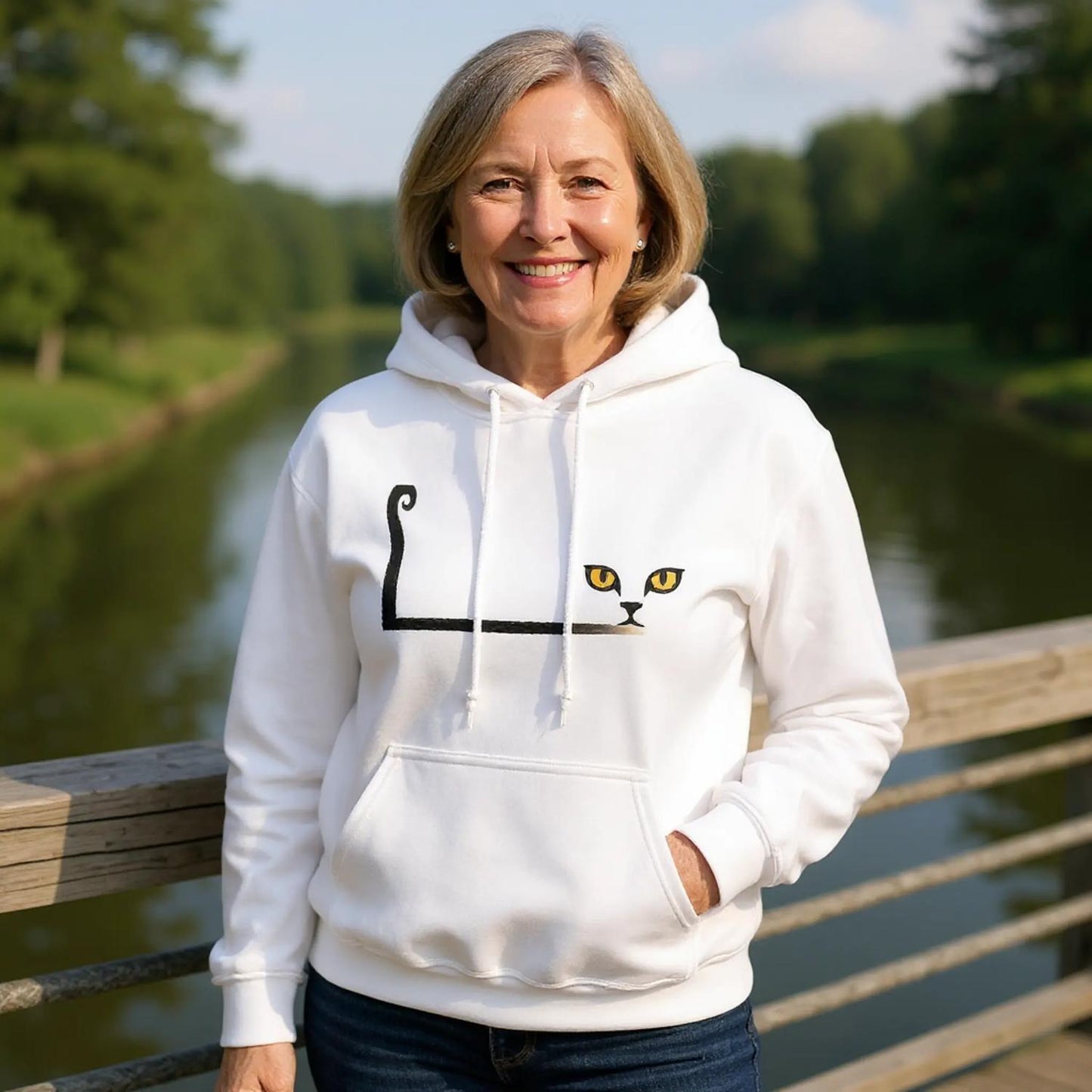 Woman on bridge wearing white Cat Eyes hoodie