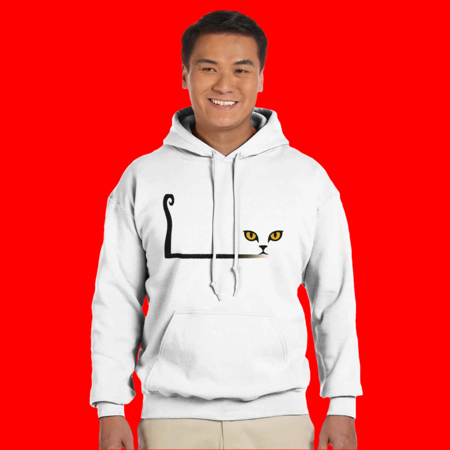 Male model wearing white Cat Eyes hoodie