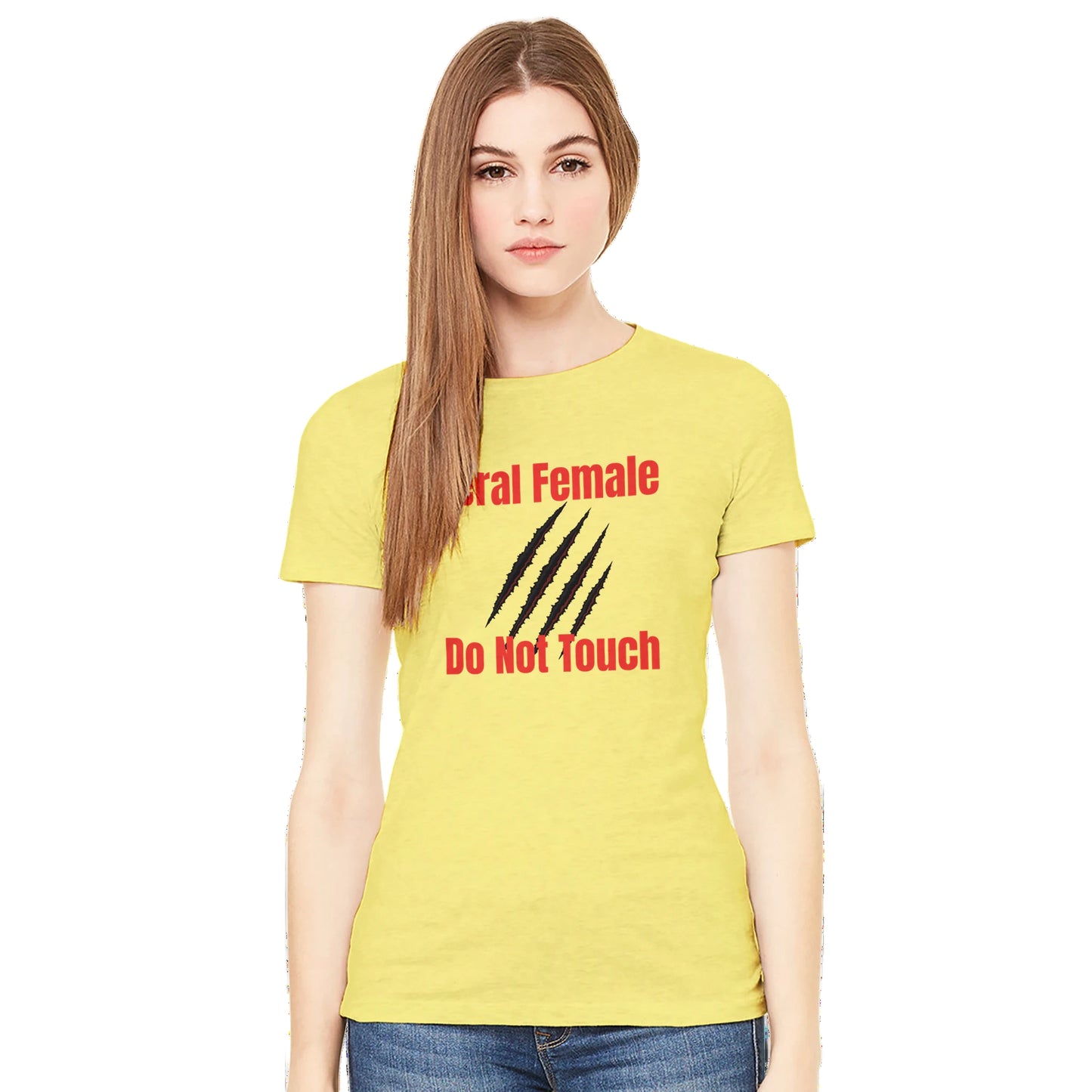 Person wearing a yellow t-shirt with red and black text on a white background