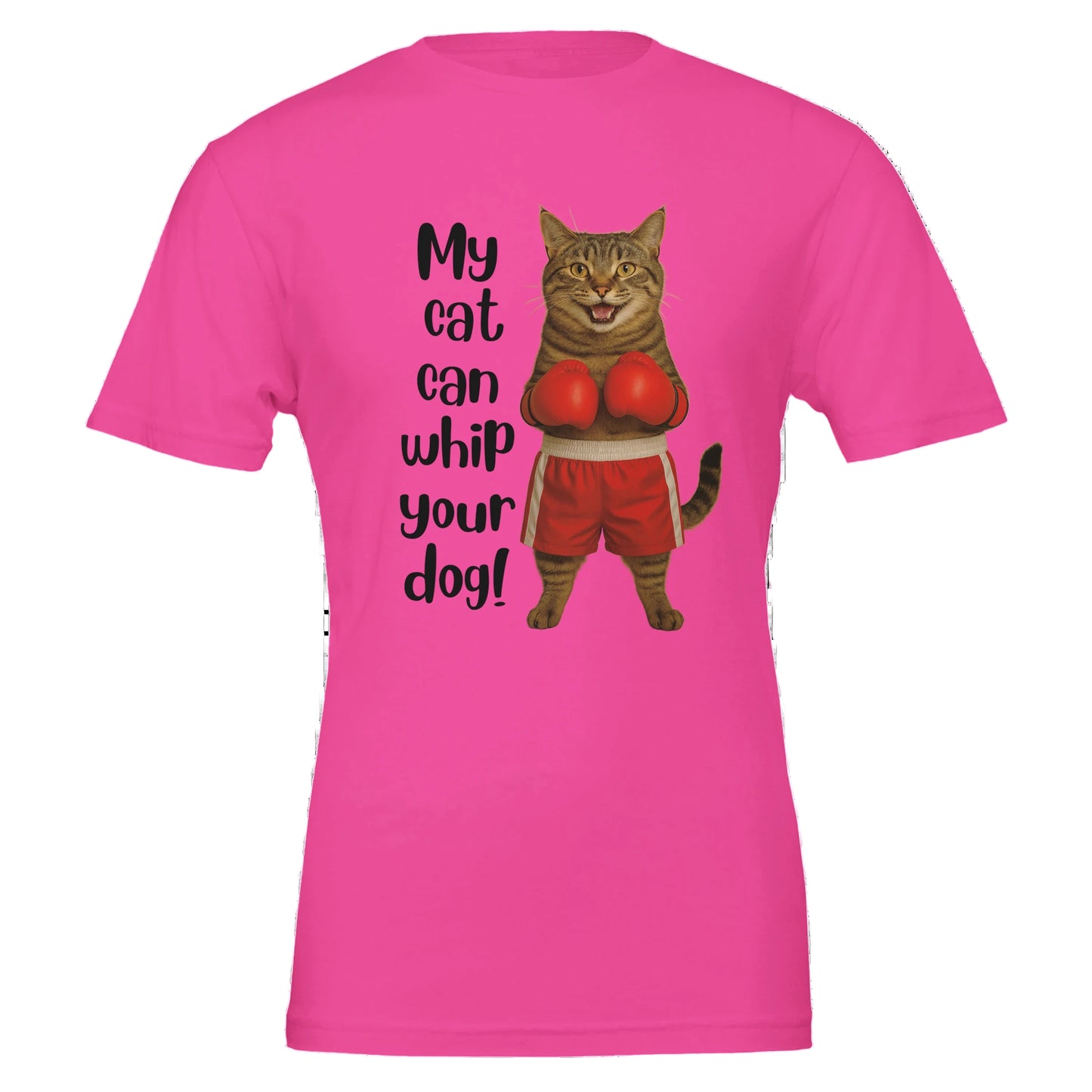 Pink t-shirt with a cat graphic and text on a white background