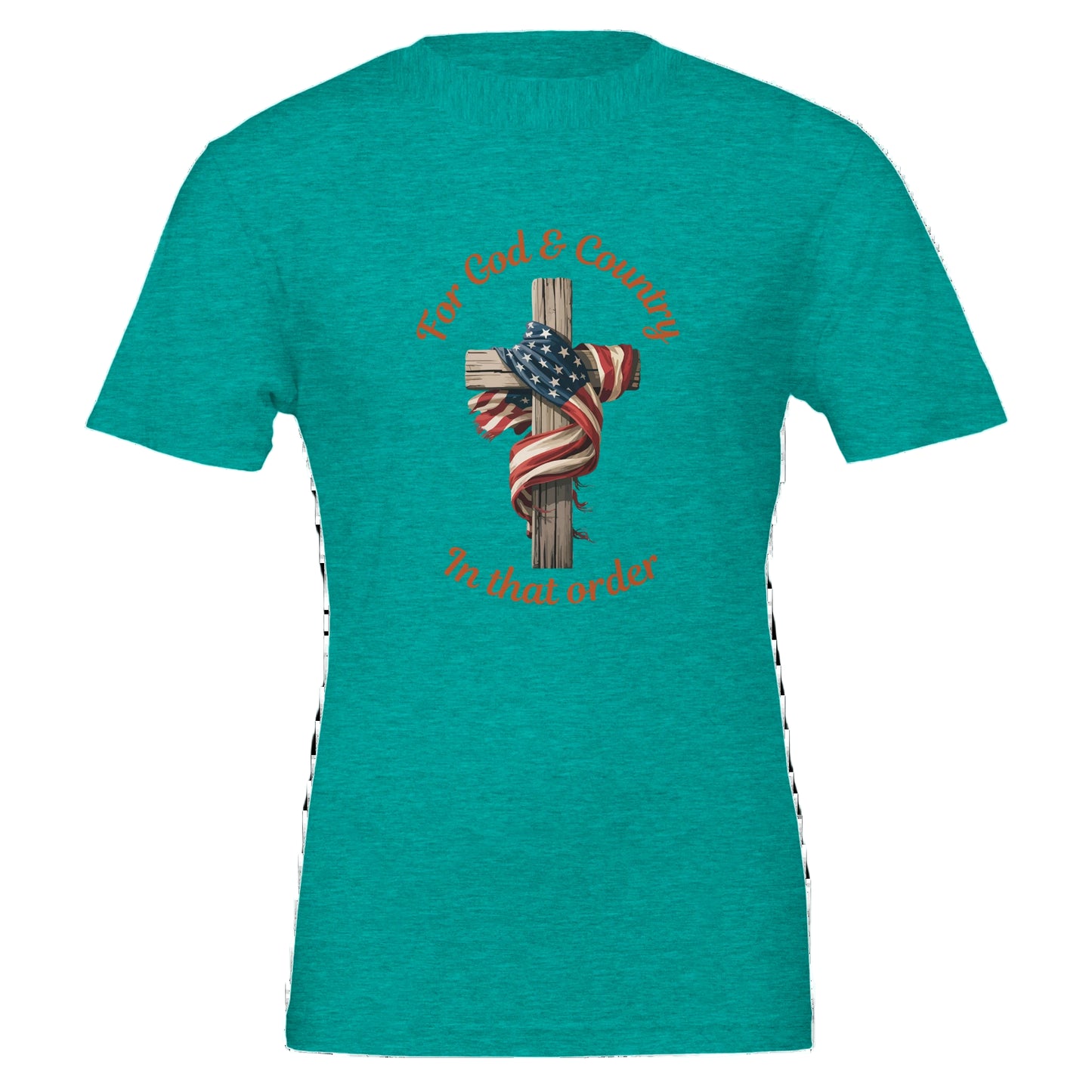 Teal color t-shirt with cross & American flag