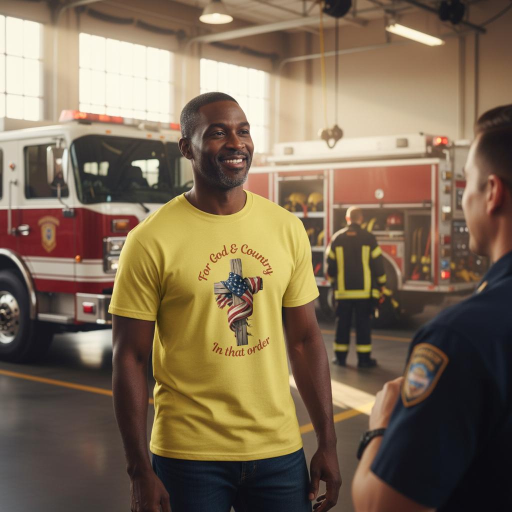 Man in fire station wearing yellow For God & County t-shirt