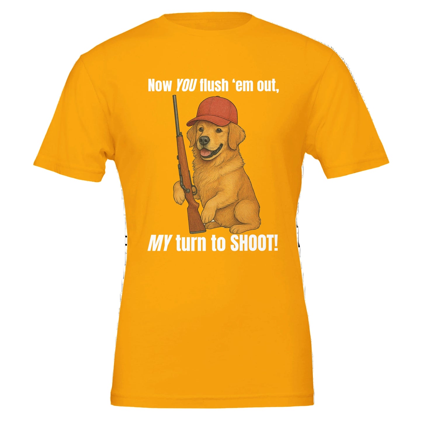 Gold t-shirt with golden retriever holding rifle
