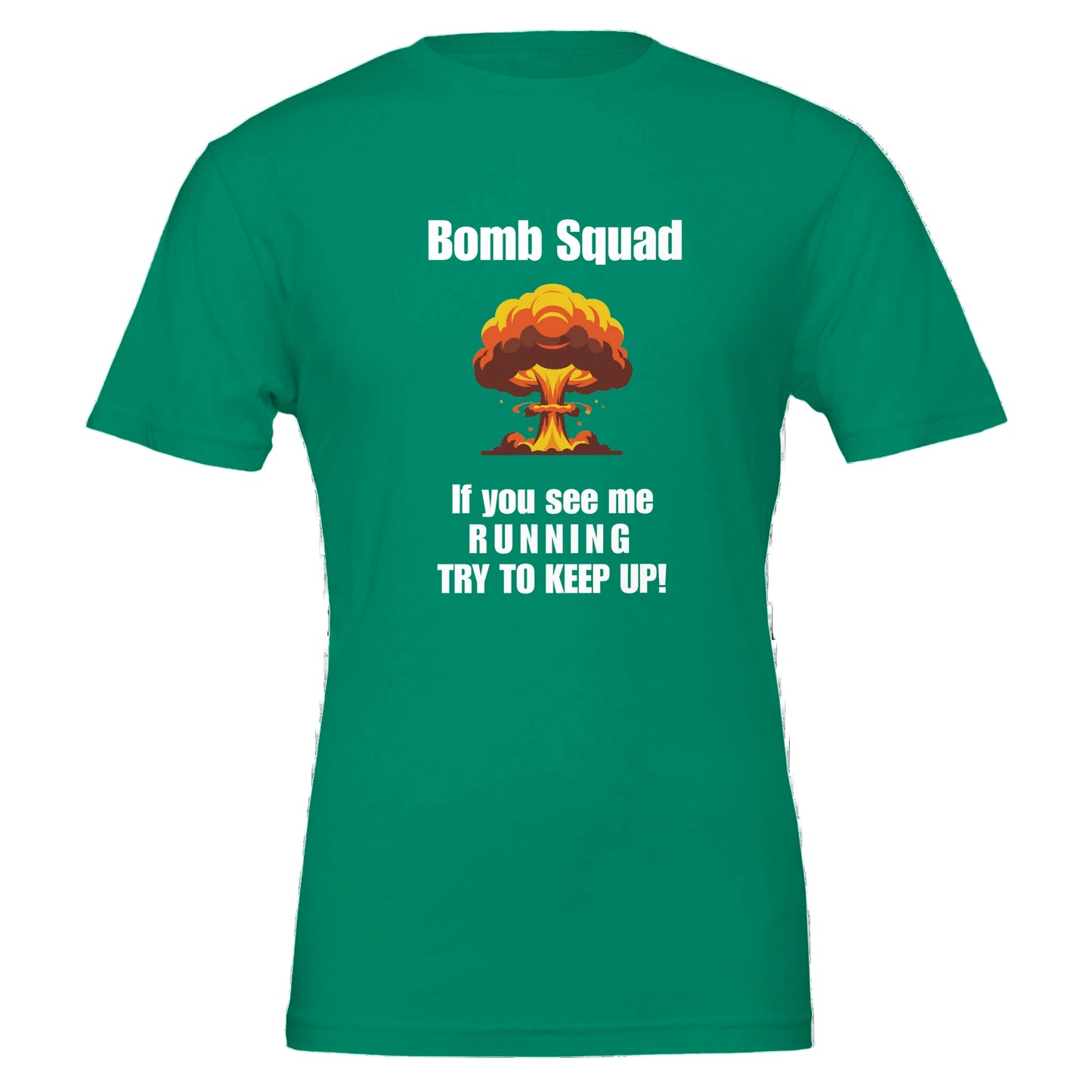 Green t-shirt with 'Bomb Squad' graphic and text on a white background