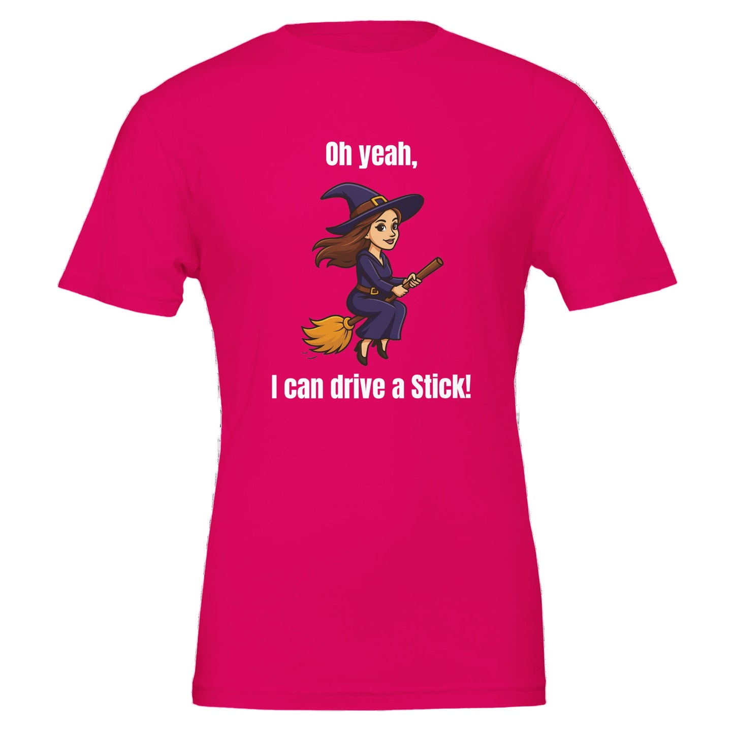 Pink t-shirt with a cartoon witch design and text on a white background