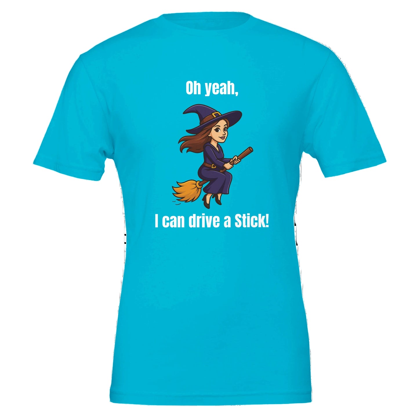 Blue t-shirt with a cartoon witch design and text on a white background