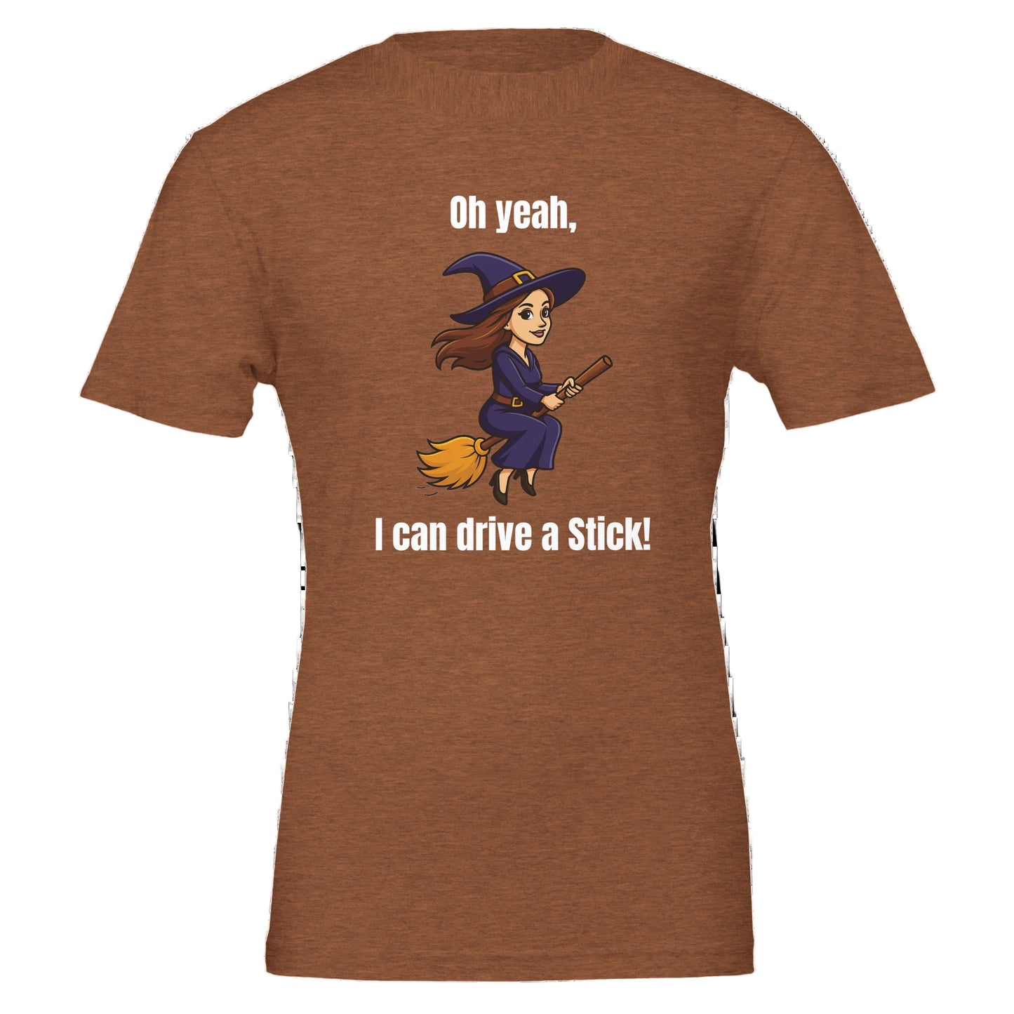 Brown t-shirt with a witch graphic and text on a white background