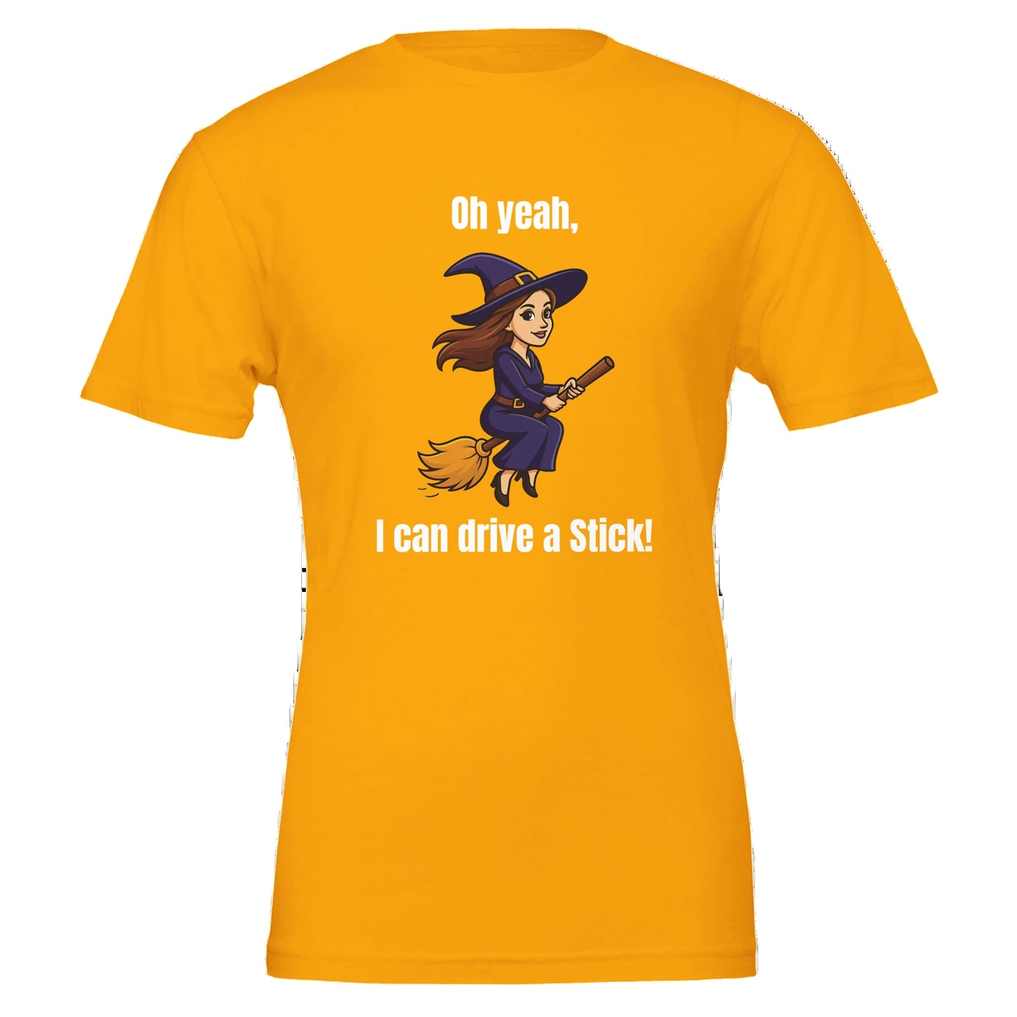 Yellow t-shirt with a witch graphic and text on a white background