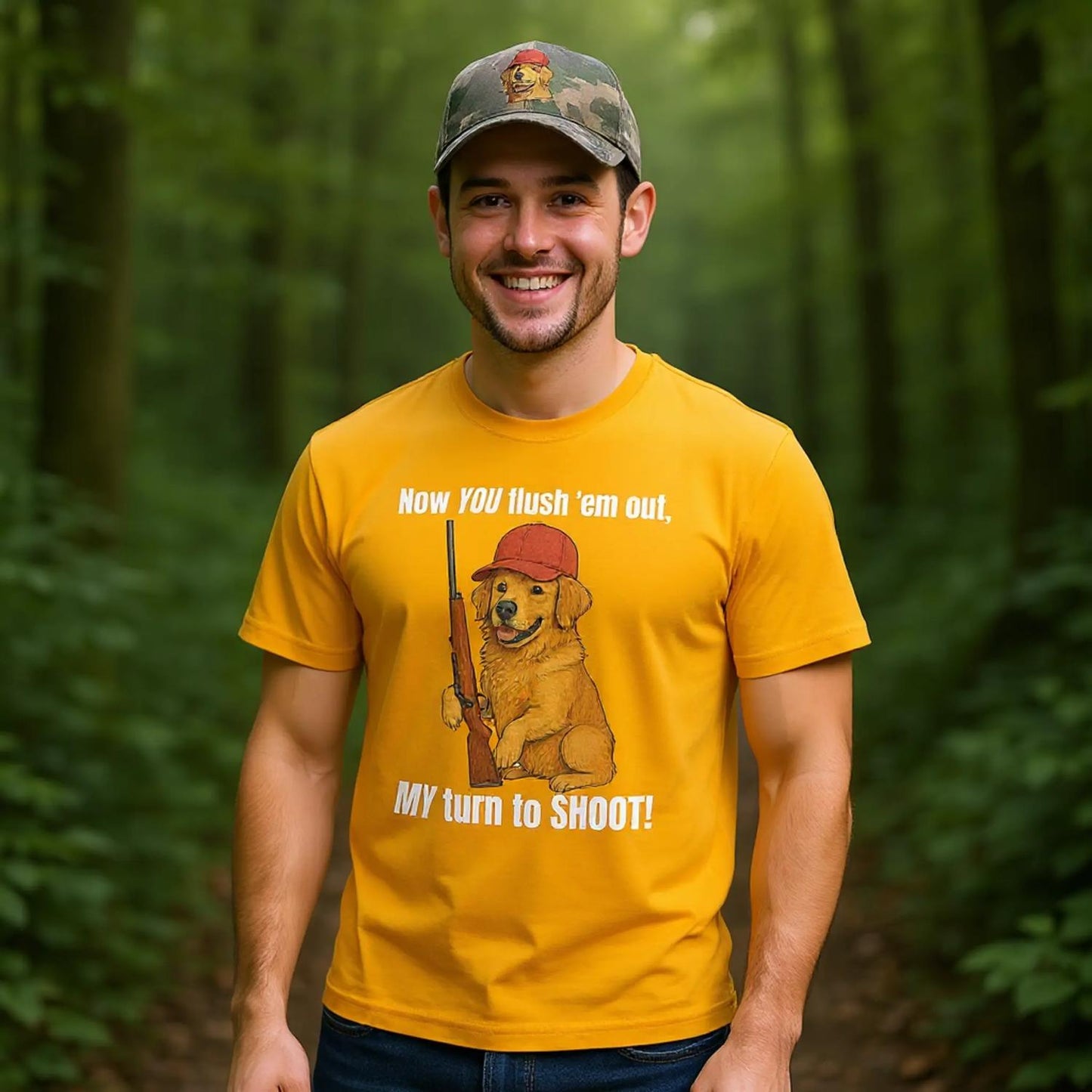Young man in forest with gold t-shirt showing a golden retriever hunting dog