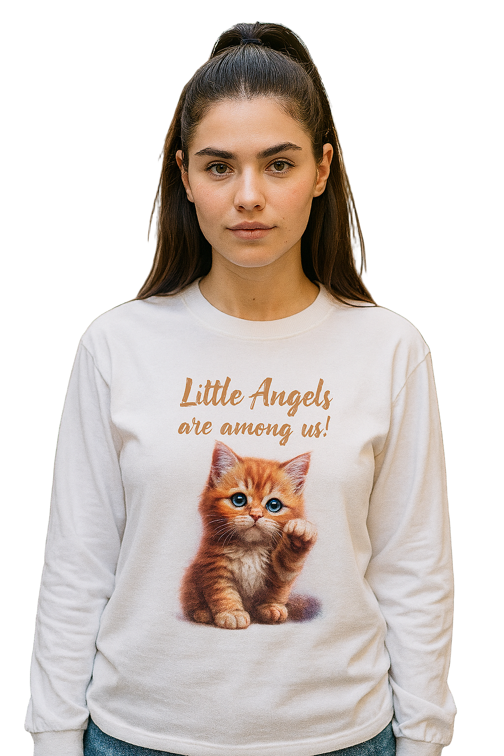 Woman wearing a white sweatshirt with a kitten graphic and text on a white background
