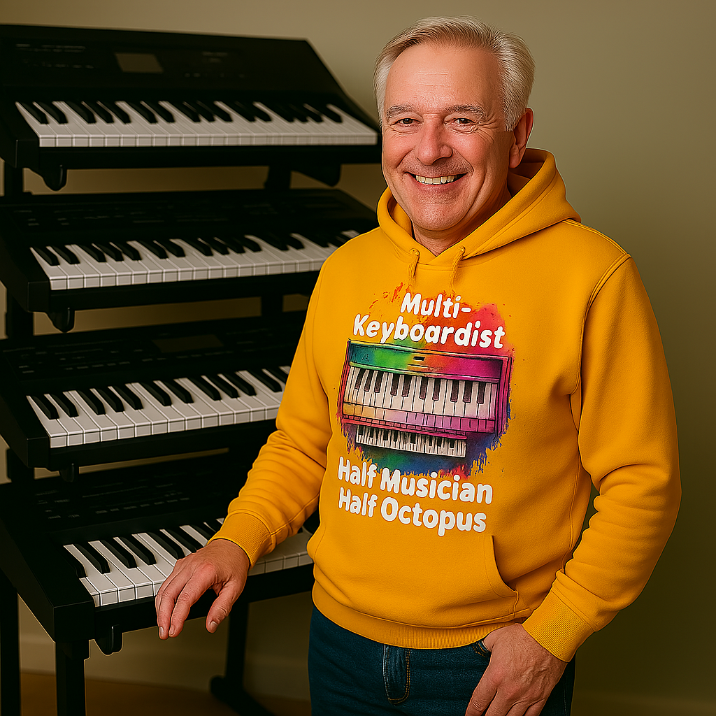 Man wearing a gold hoodie with keyboard design and text, standing in front of keyboards.