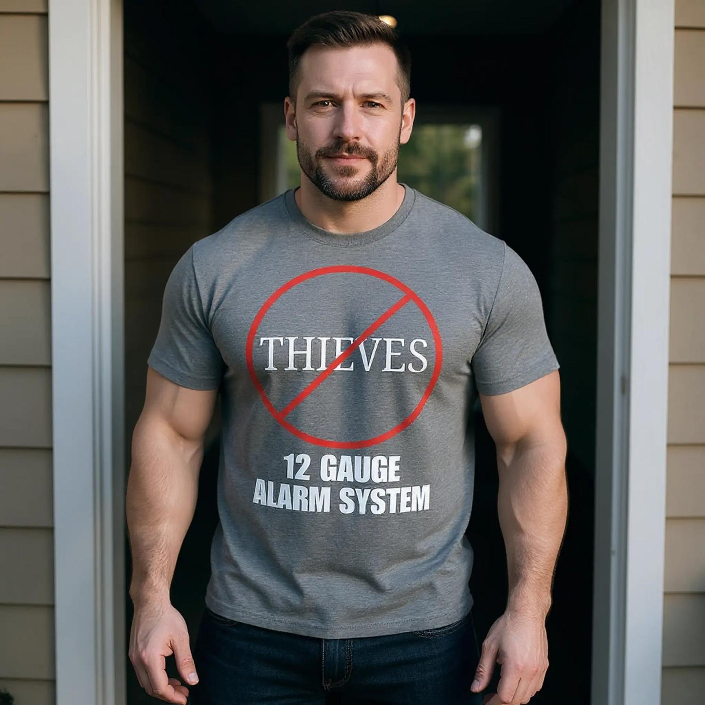 Gray t-shirt with muscular man in doorway with 12-guage alarm t-shirt