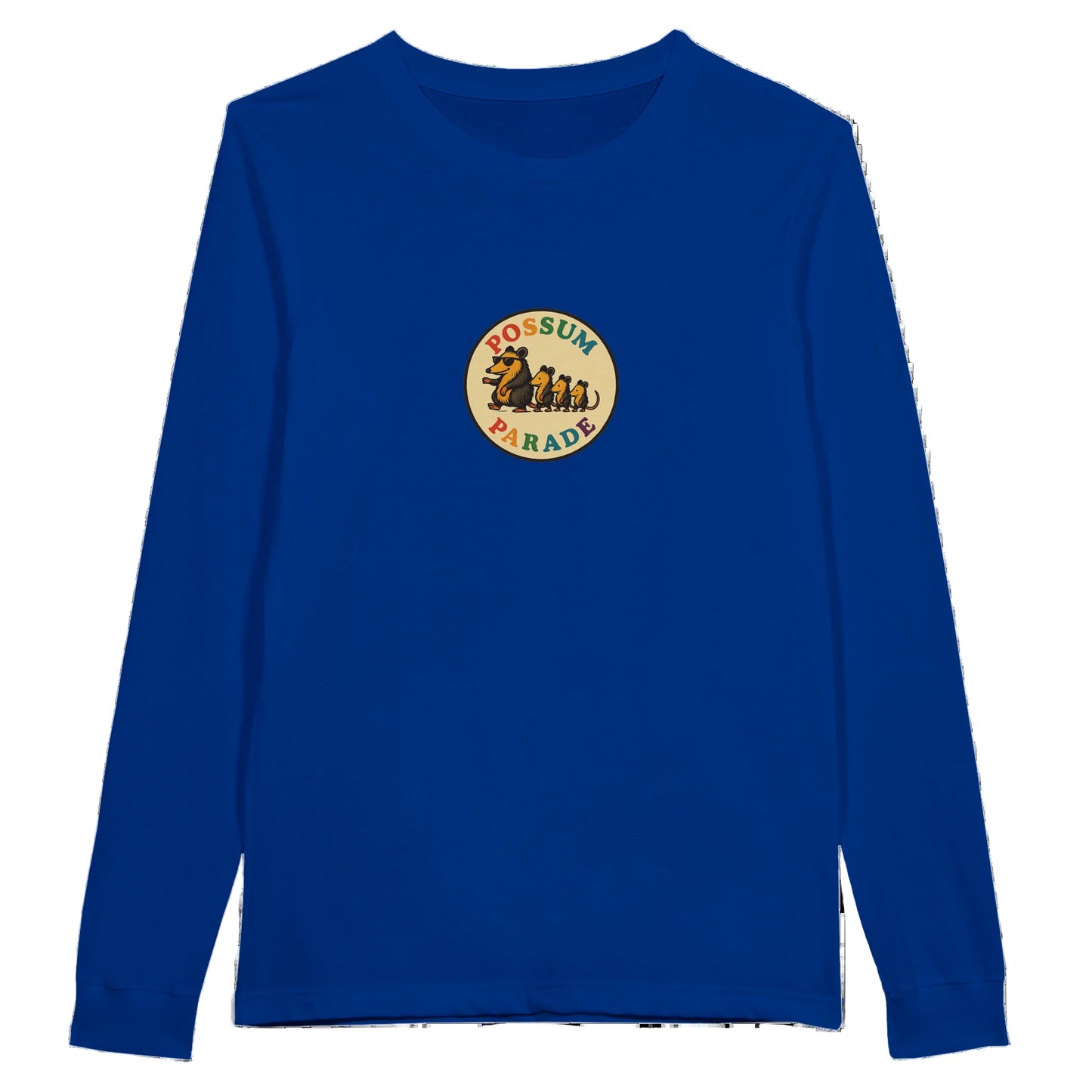 Blue long-sleeve shirt with a logo on the chest against a white background