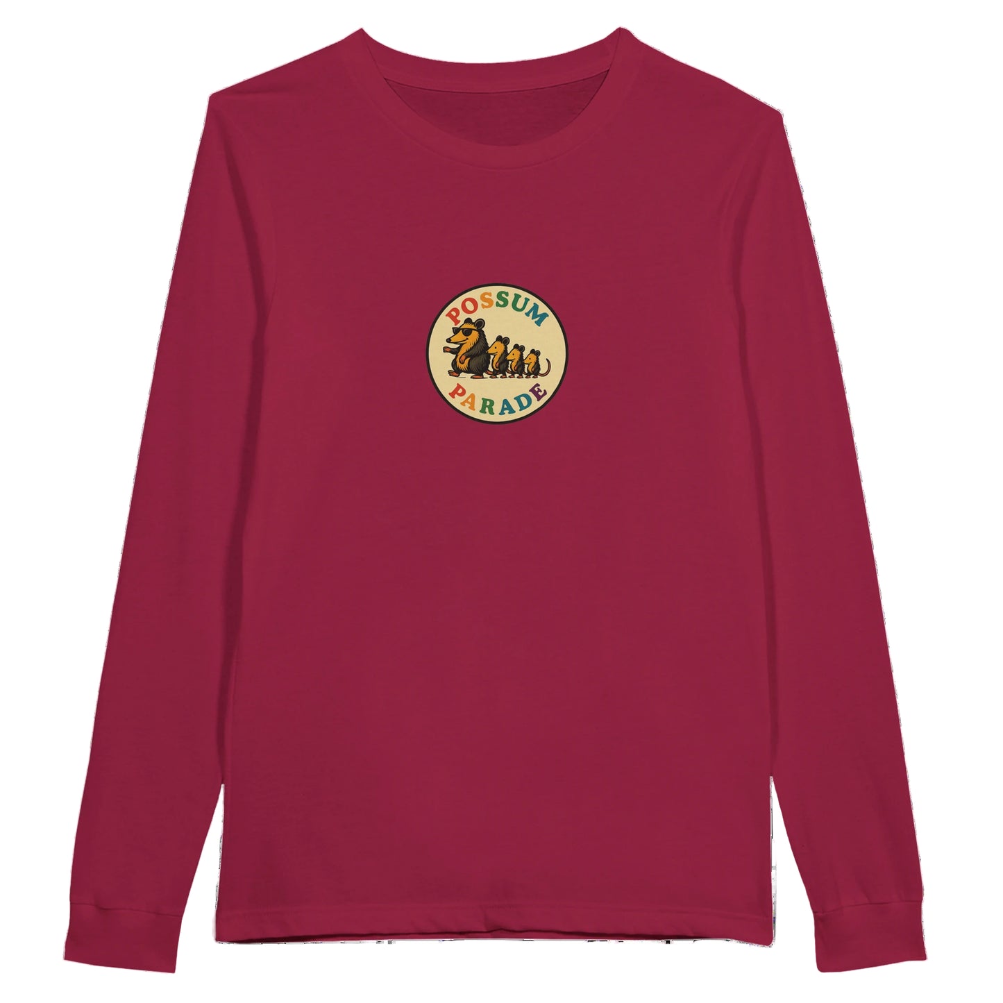 Red long-sleeve shirt with a 'Possum Parade' logo on a white background