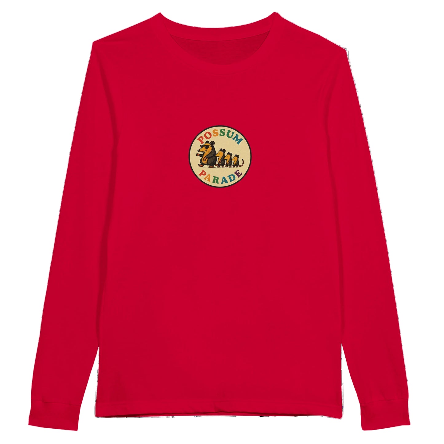 Red long-sleeve shirt with a logo on the chest against a white background
