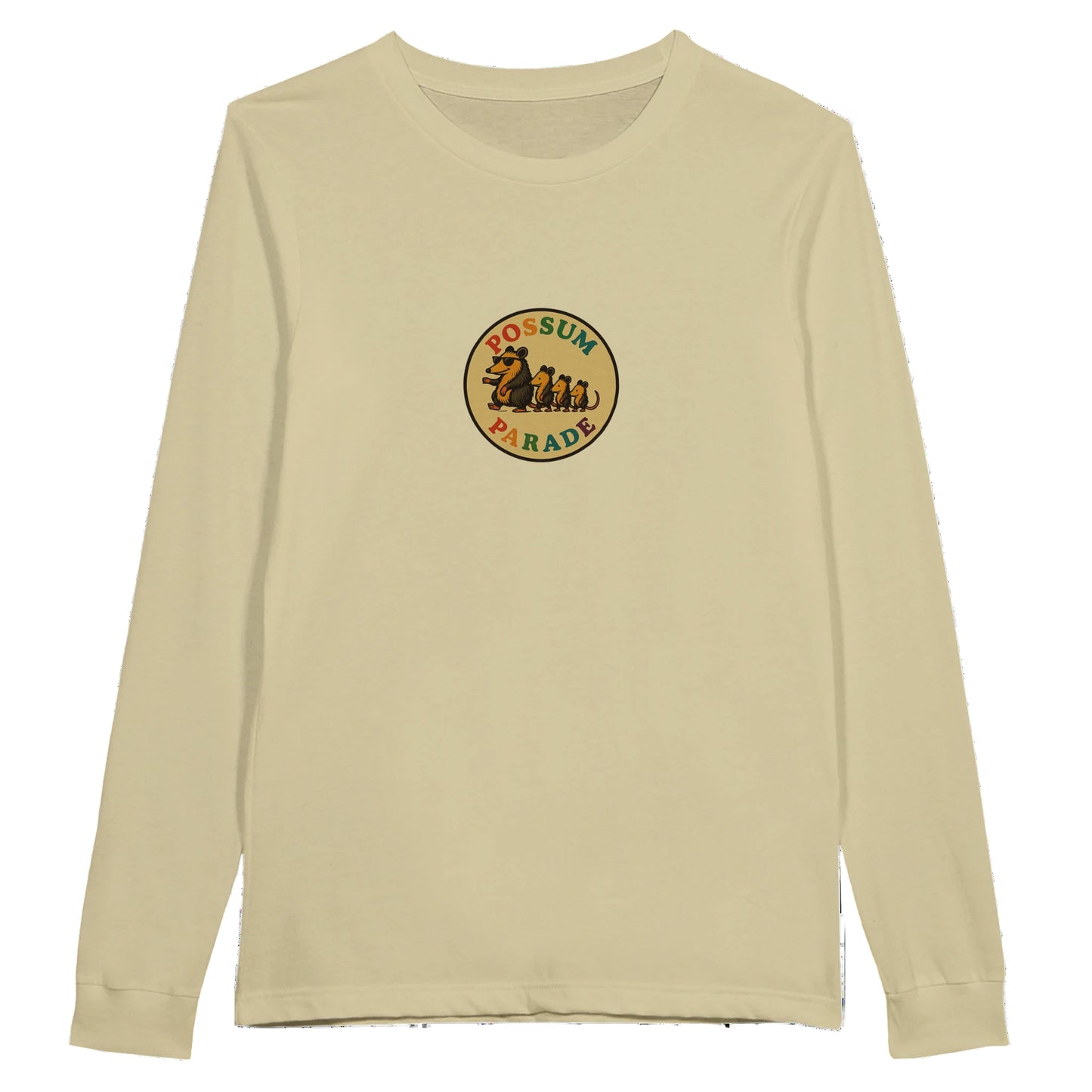 Beige long-sleeve shirt with a graphic design on a white background