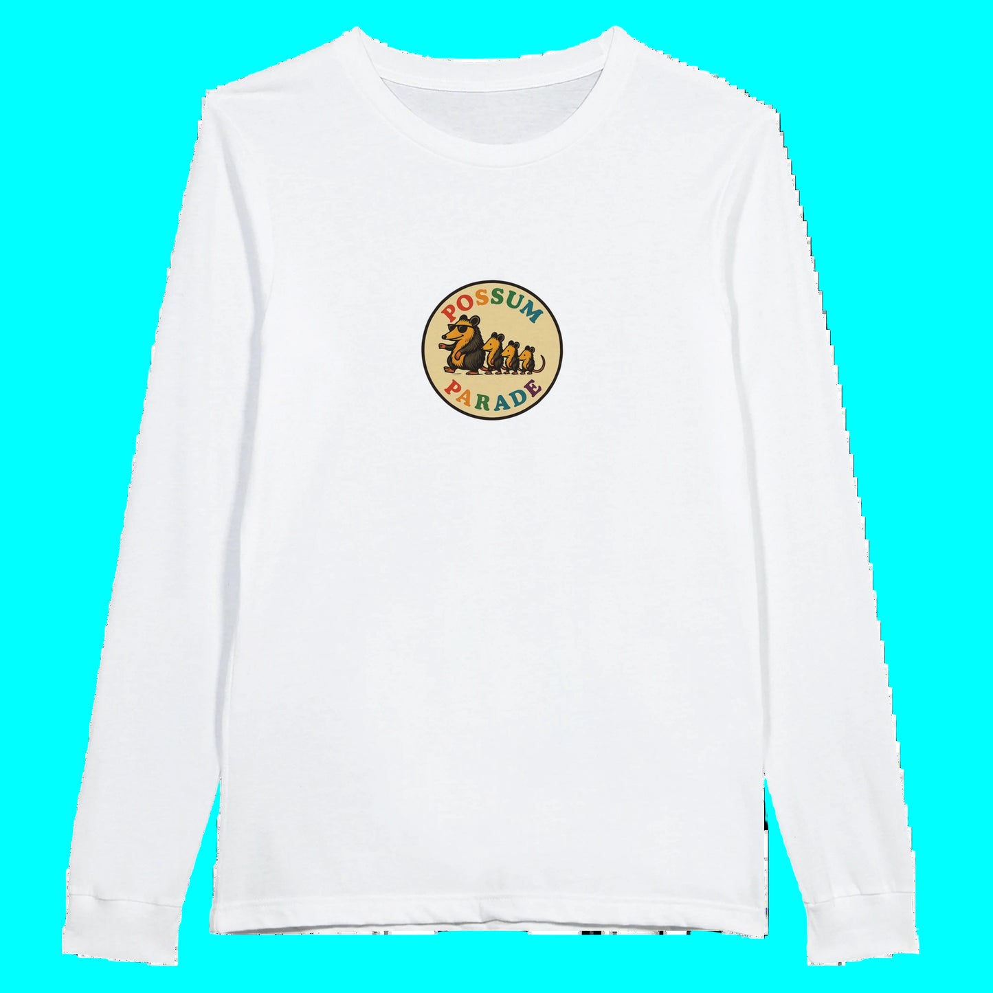 White long-sleeve shirt with a possum parade graphic on a white background