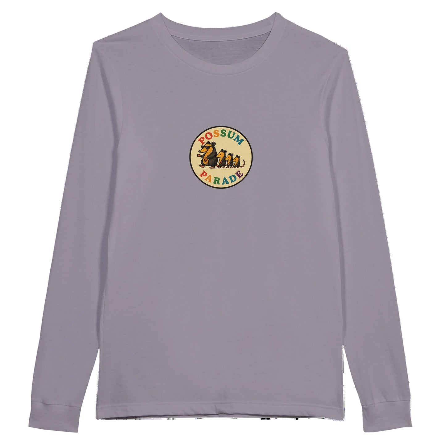 Gray long-sleeve shirt with a possum parade graphic on a white background