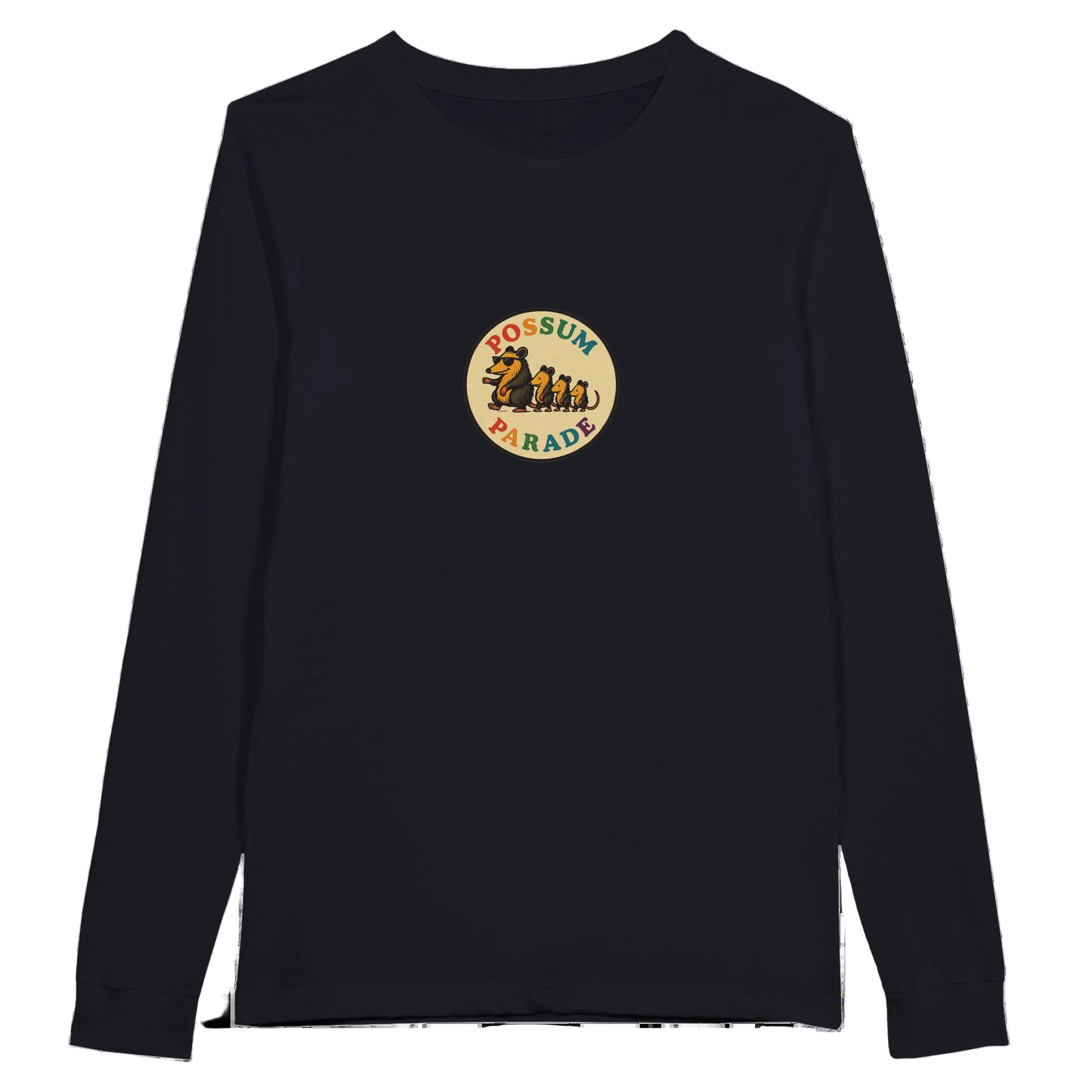 Black long-sleeve shirt with a colorful logo on a white background