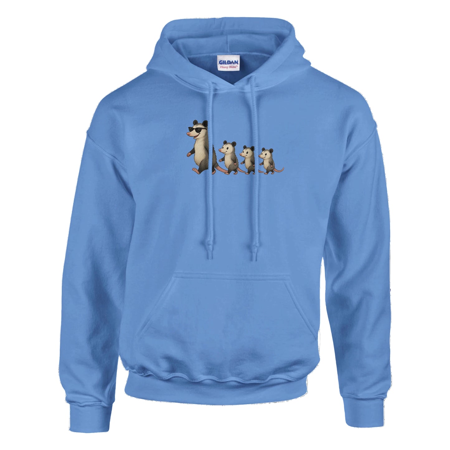 Blue hoodie with cartoon four cartoon possums marching on front