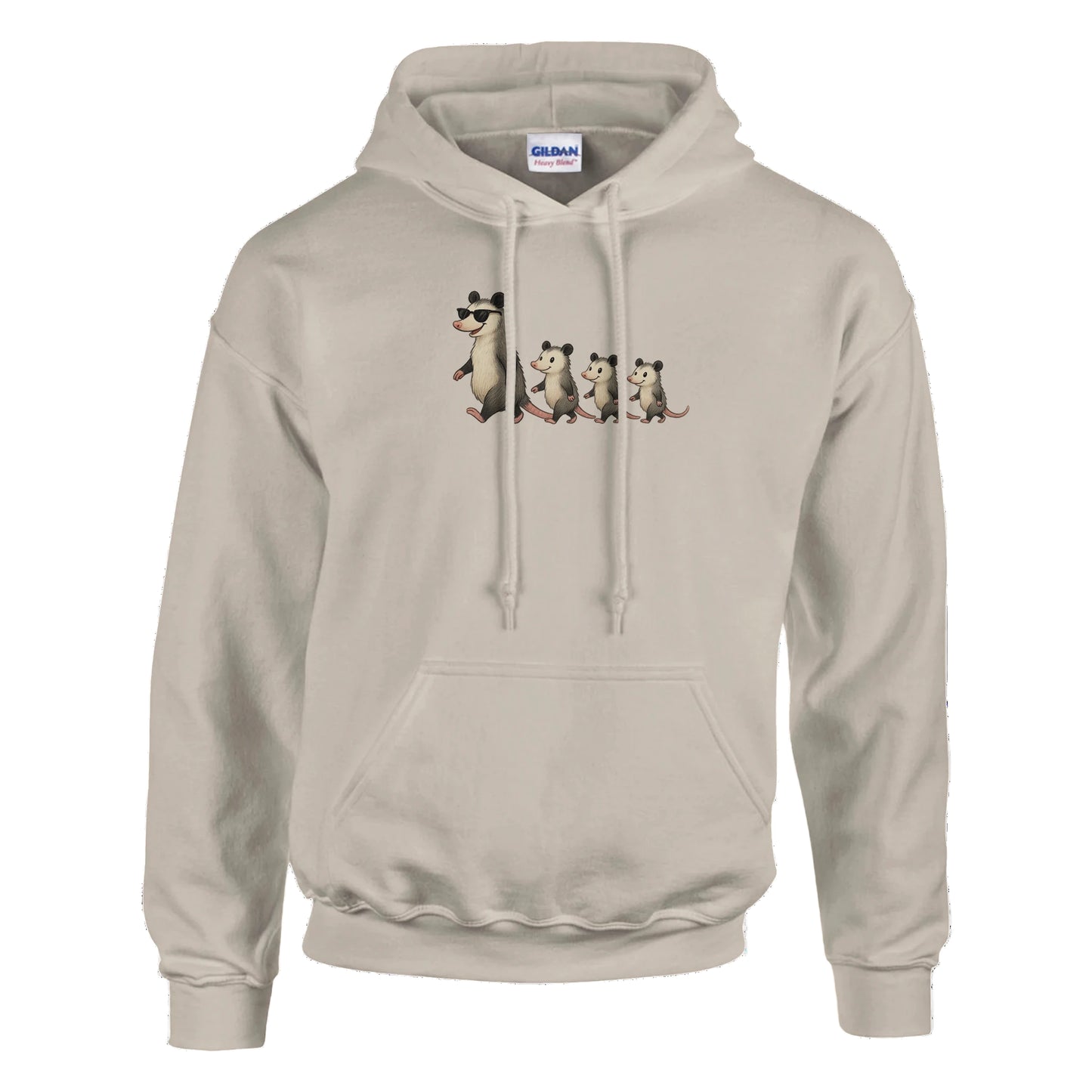 Beige hoodie with cartoon possum design on a white background