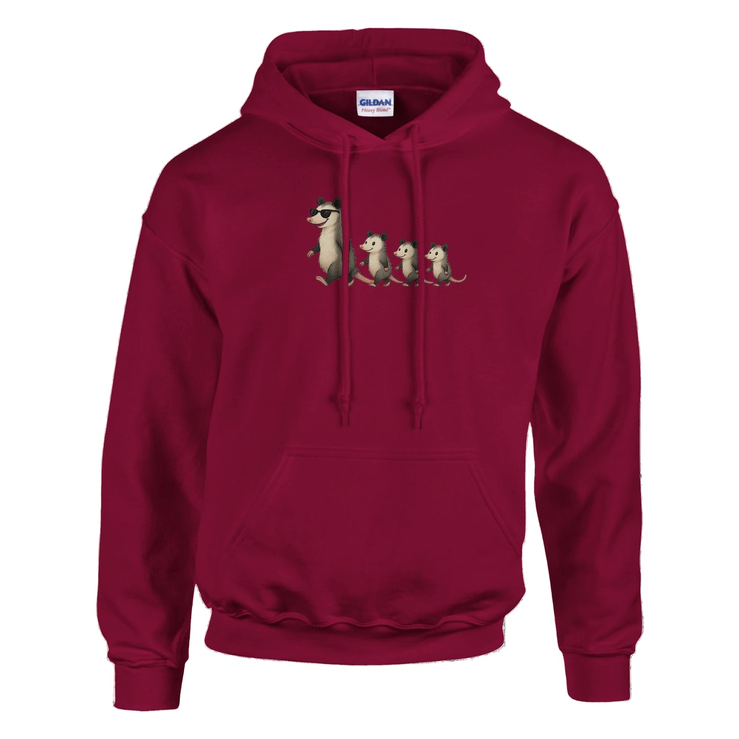 Maroon hoodie with a graphic of four possums