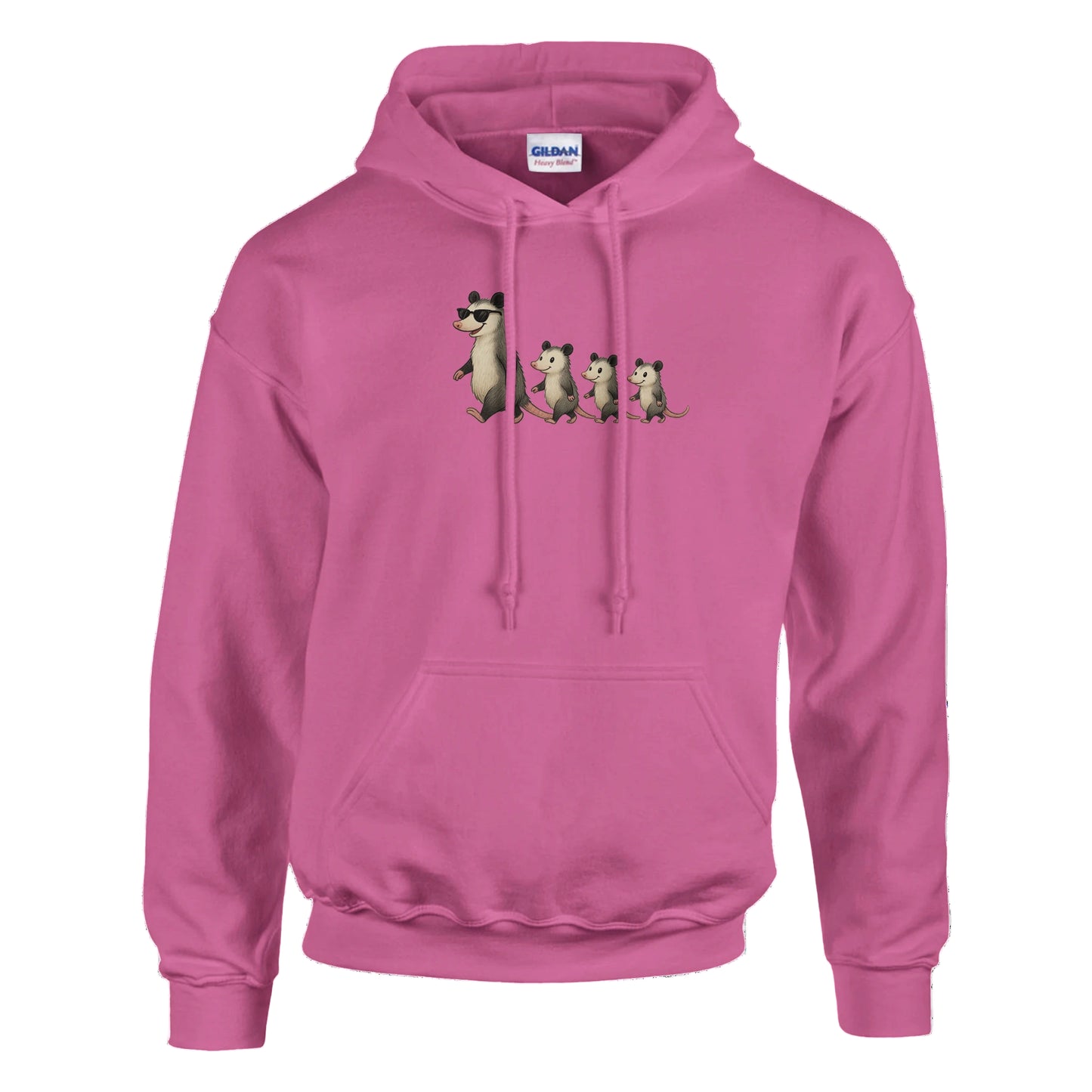 Pink Hoodie with four possums walking upright on front