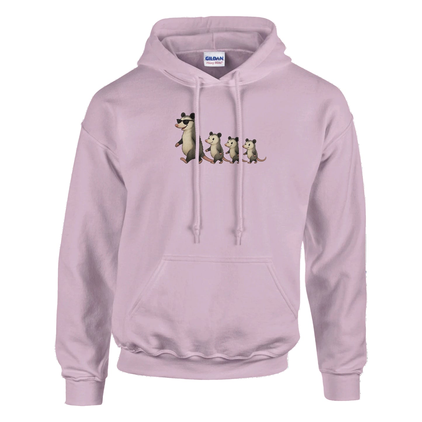 Pink hoodie with cartoon possum designs on a pink background