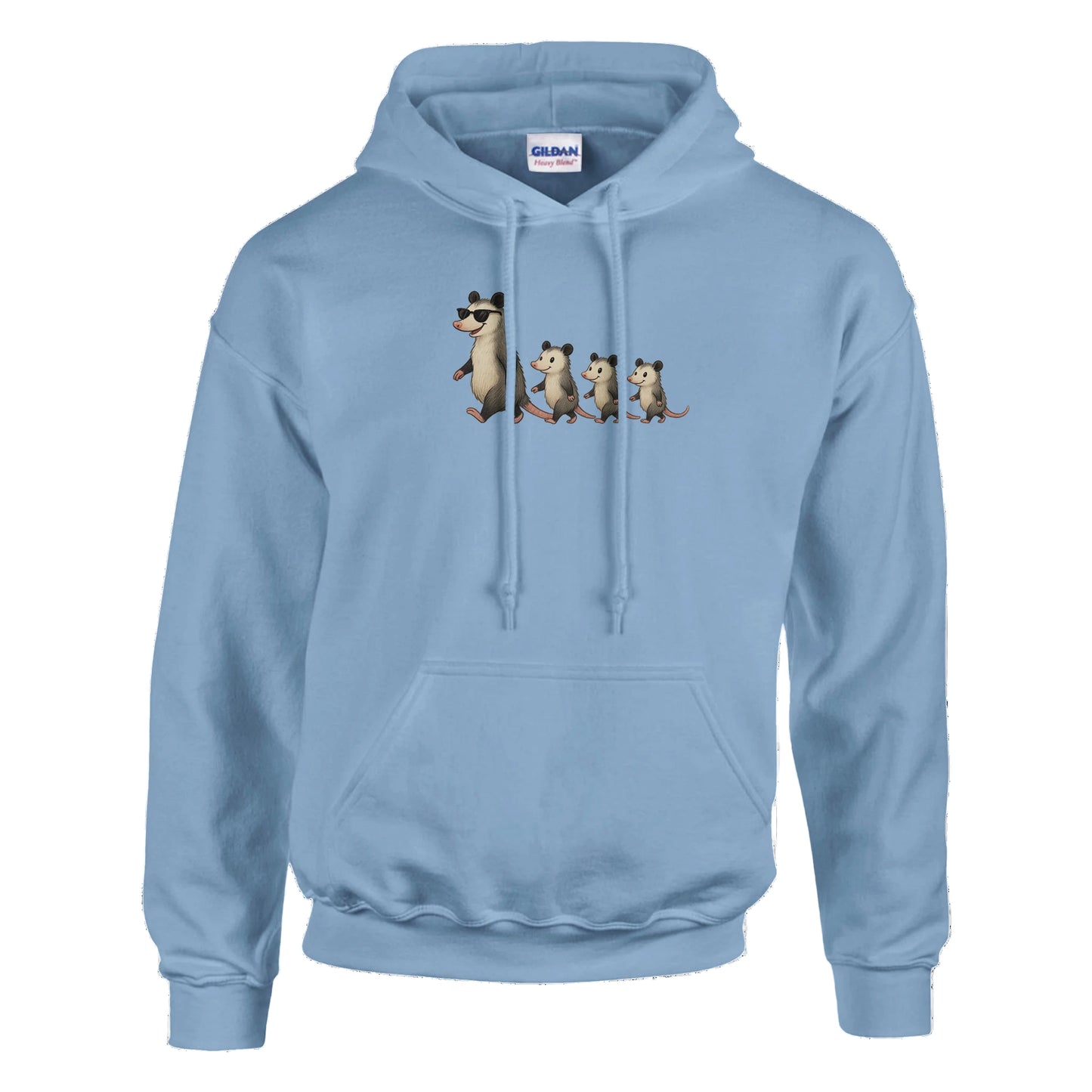 Light blue hoodie with cartoon possum design