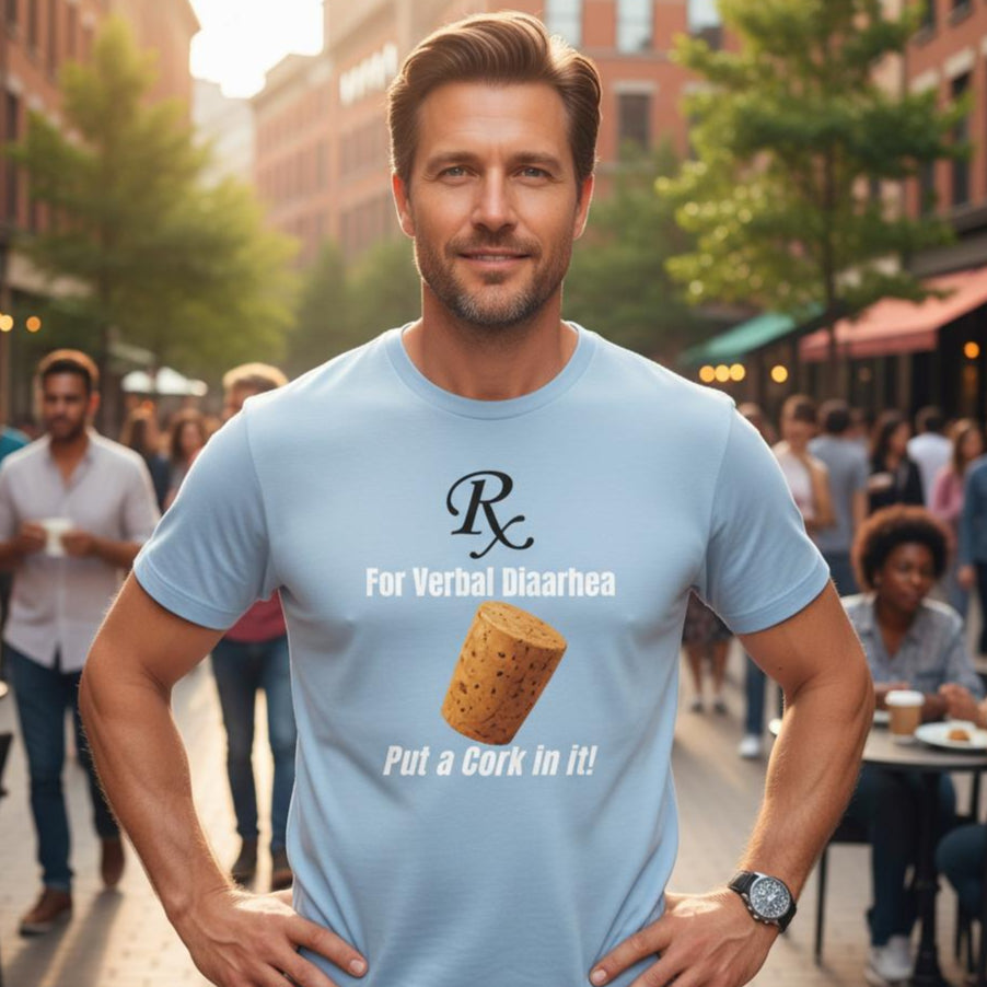 Man wearing a light blue t-shirt with a humorous design in an outdoor setting.