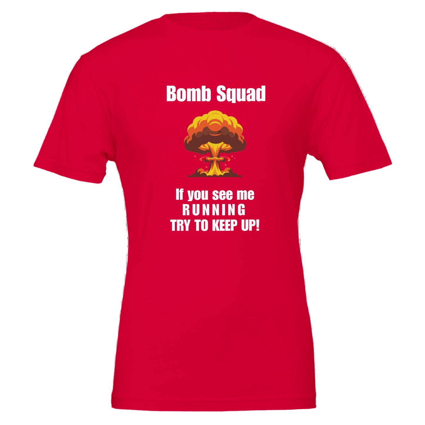 Red t-shirt with a graphic of an explosion and text on a white background