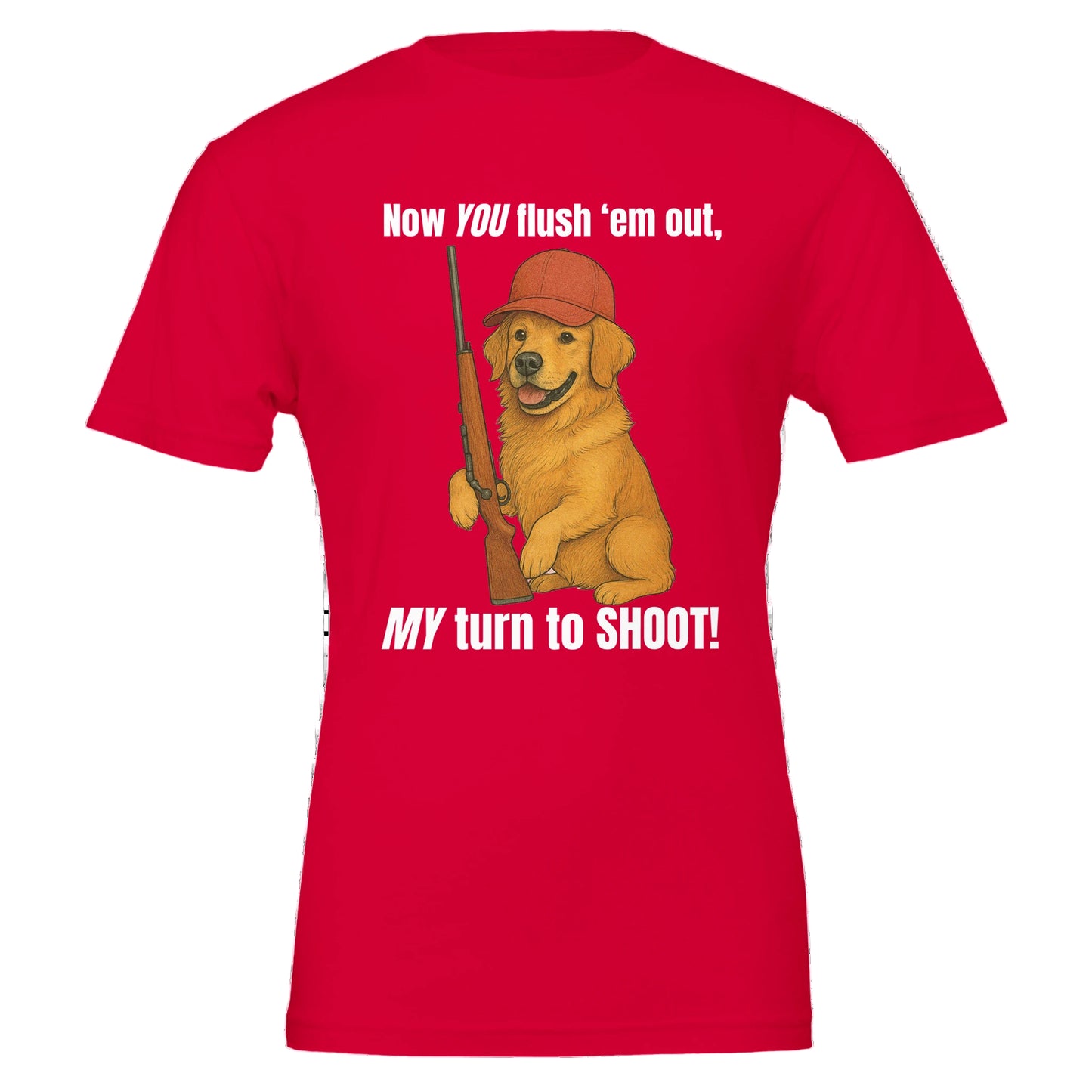 Red t- shirt with the golden retriever's turn to shoot