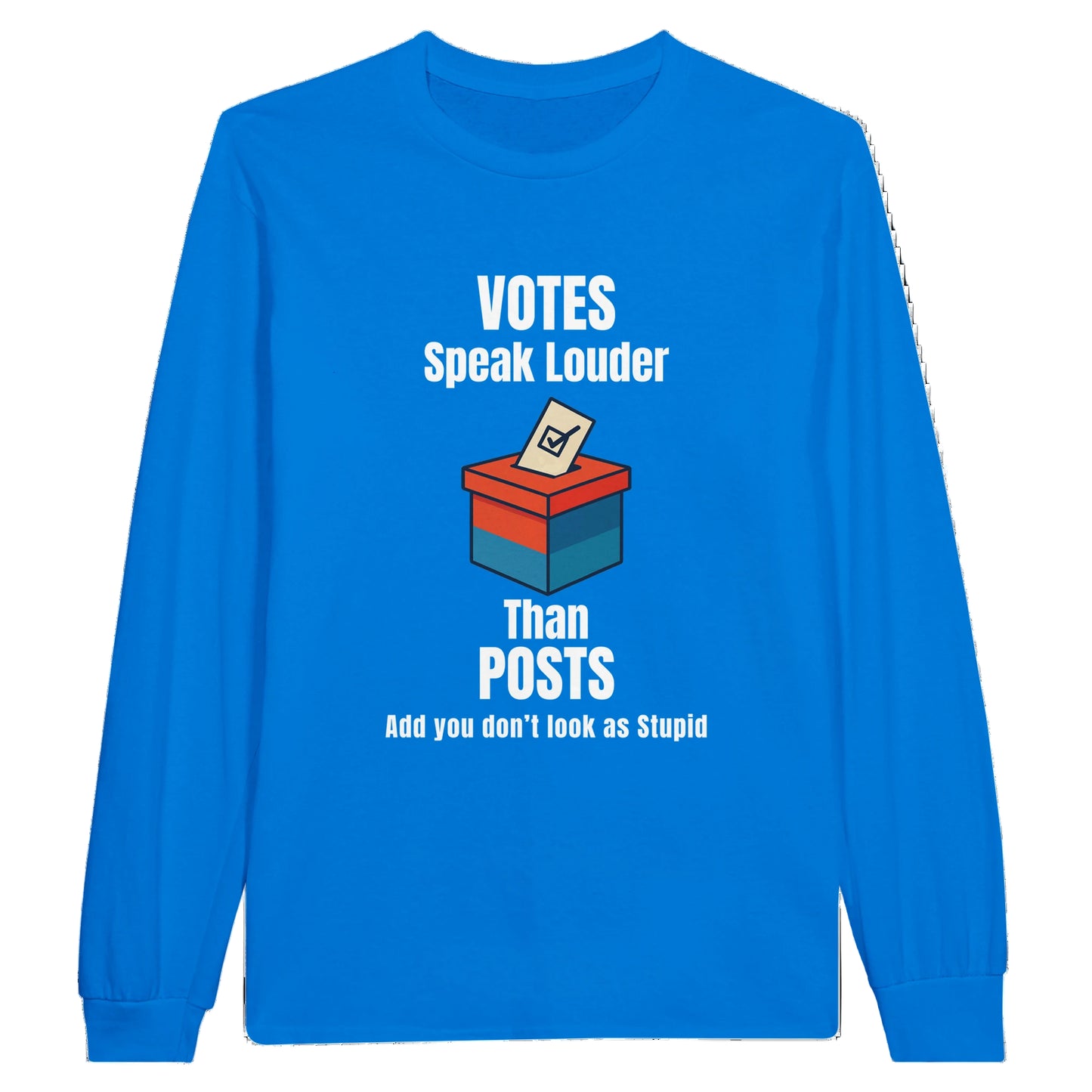 Blue long-sleeve shirt with a graphic and text on a white background