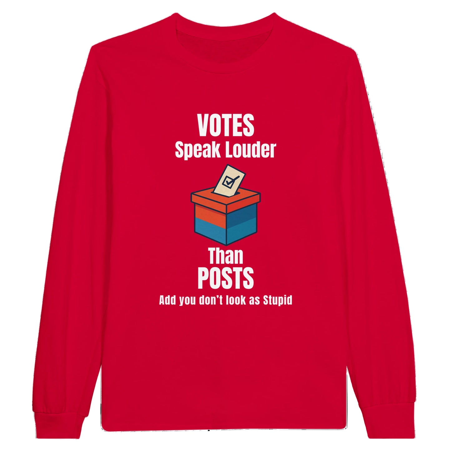 Red sweatshirt with a graphic and text on a white background