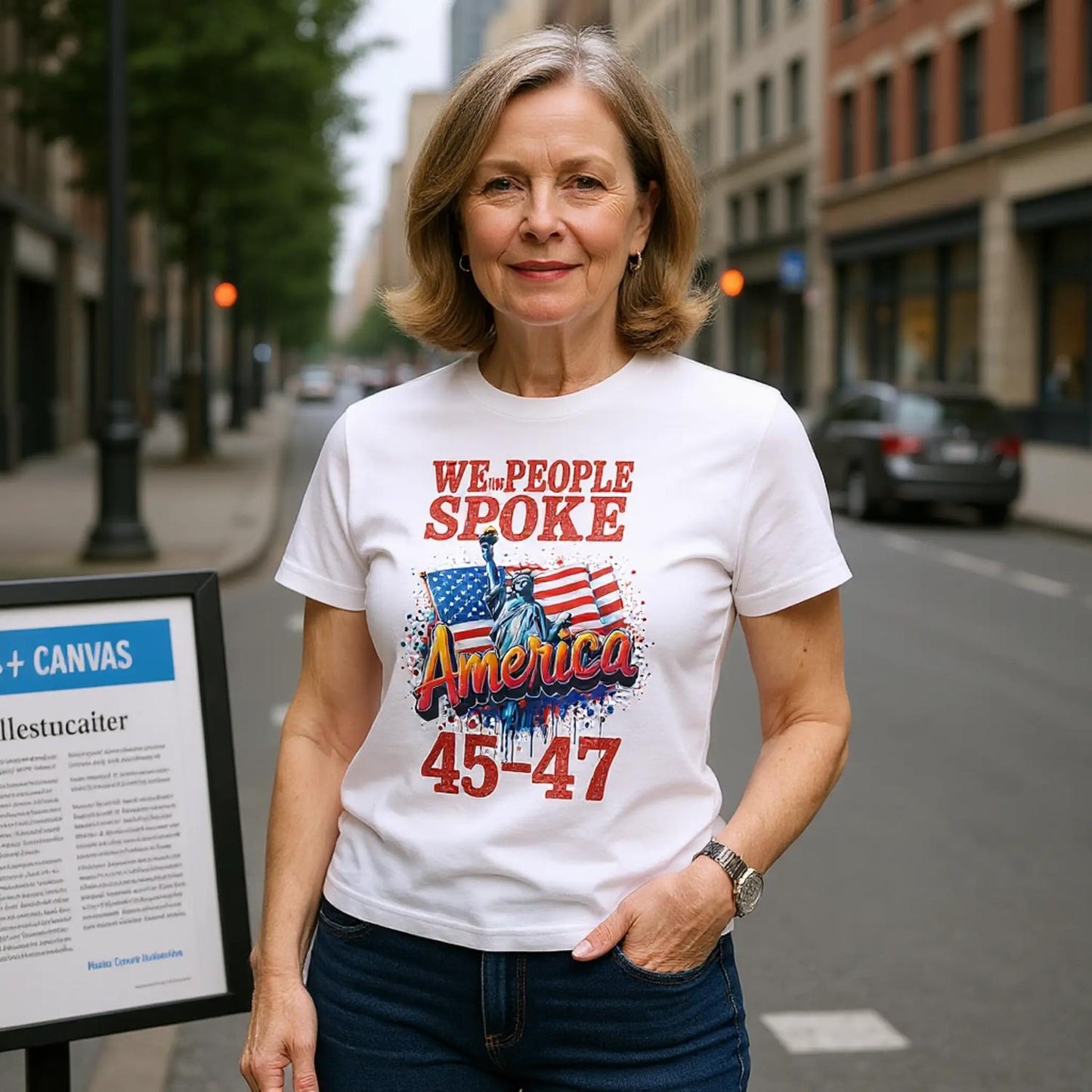 LADY WEARING A WE THE PEOPLE SPOKE T-SHIRT ON A CITY STREET