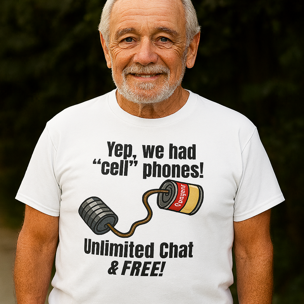 Man wearing a white t-shirt with a humorous graphic and text about cell phones.