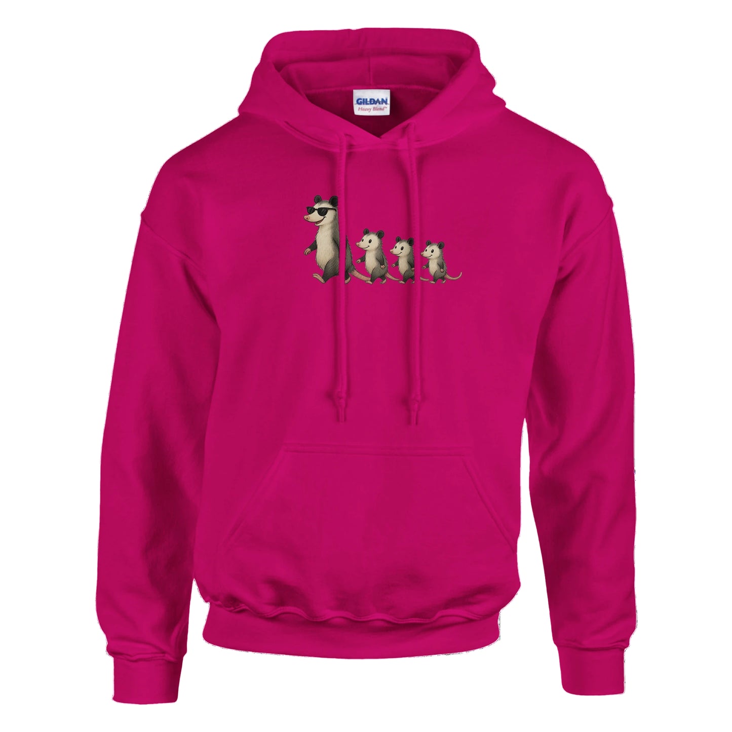 Dark Pink hoodie with a graphic of four possums
