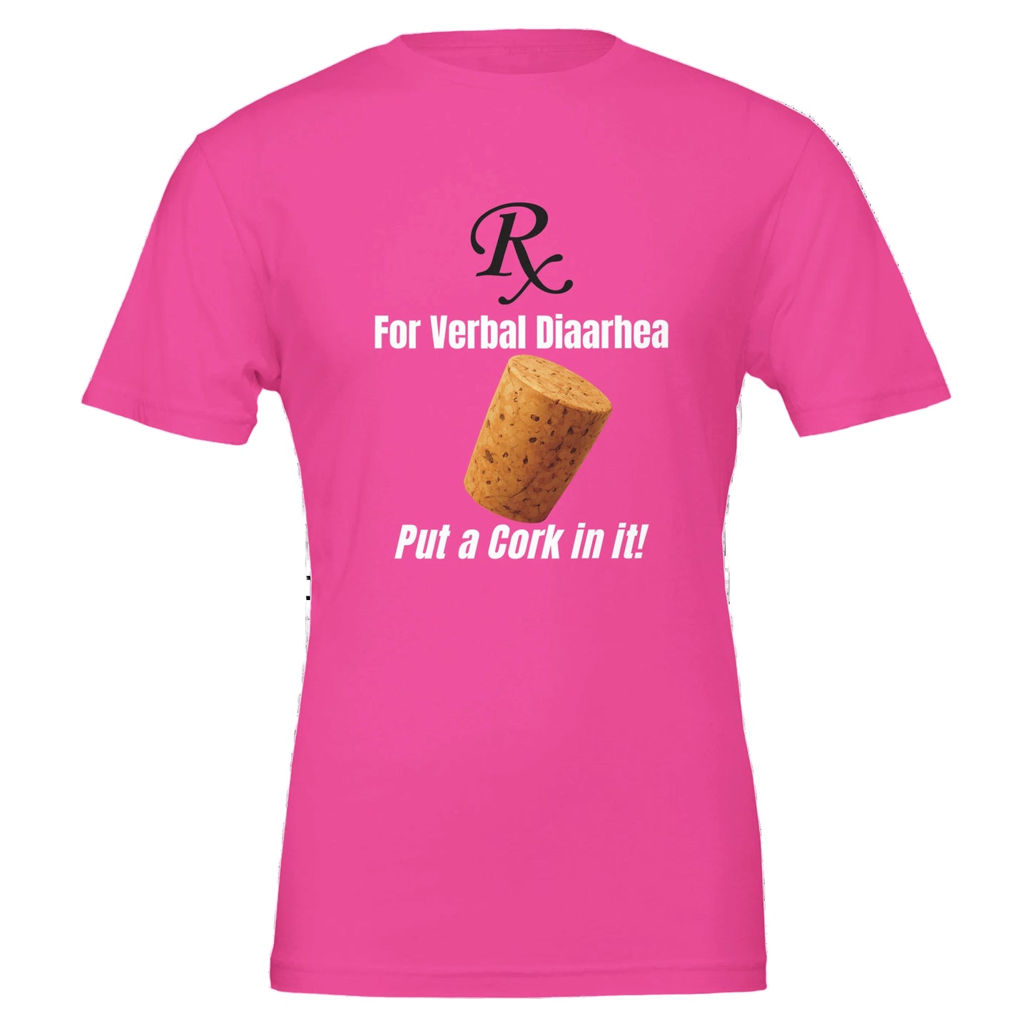 Pink t-shirt with a cork graphic and text on a white background