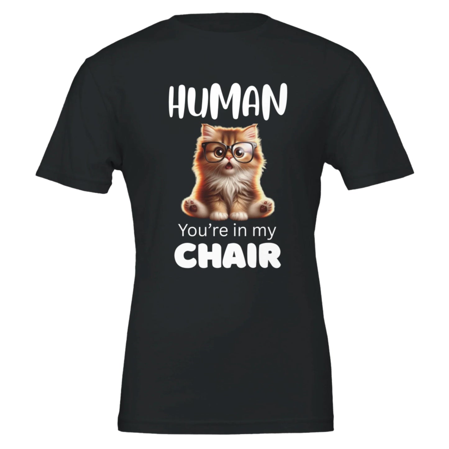 BLACK TEE-SHIRT WITH CAT WANTING YOUR CHAIR
 