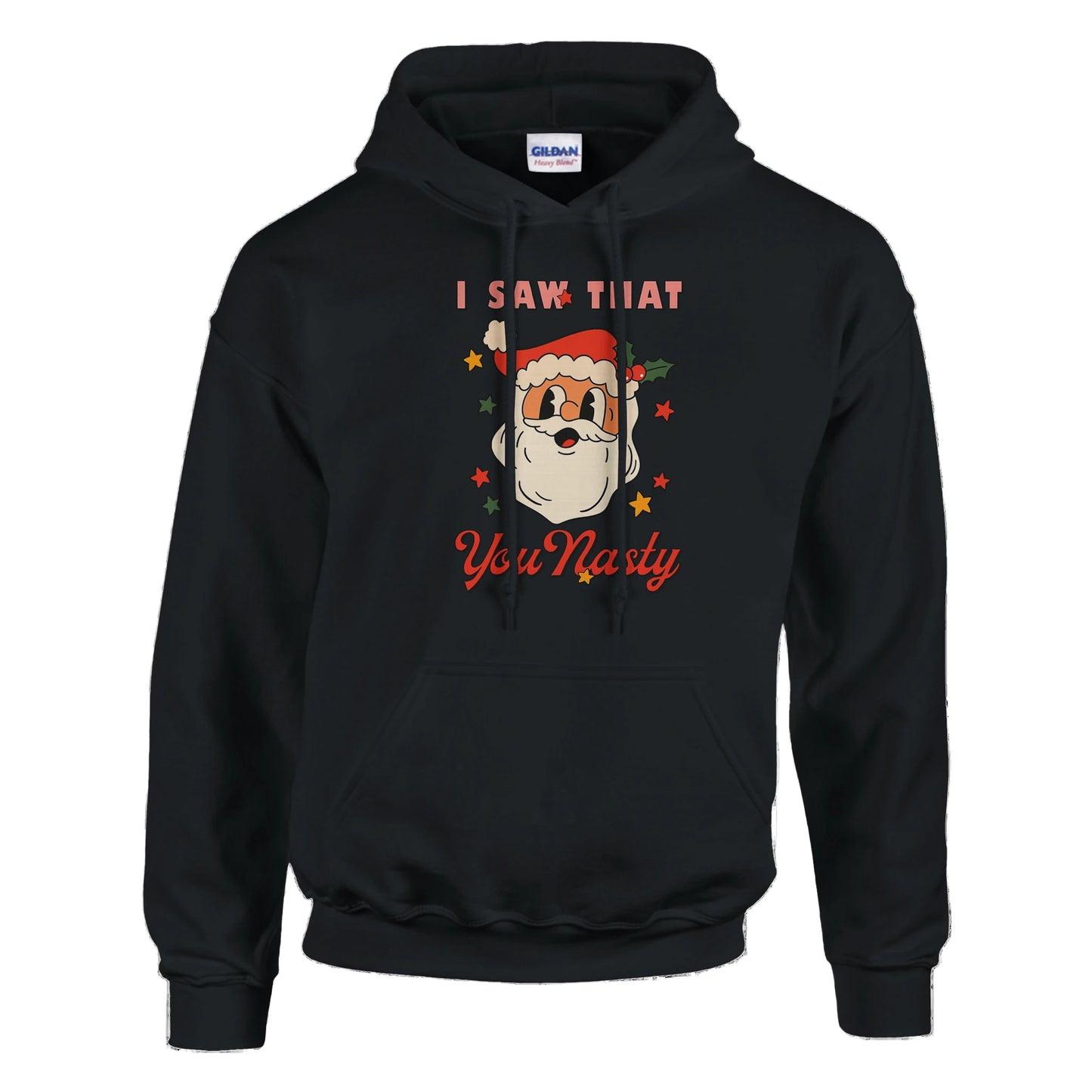 Black hoodie with Christmas-themed graphic and text on a white background